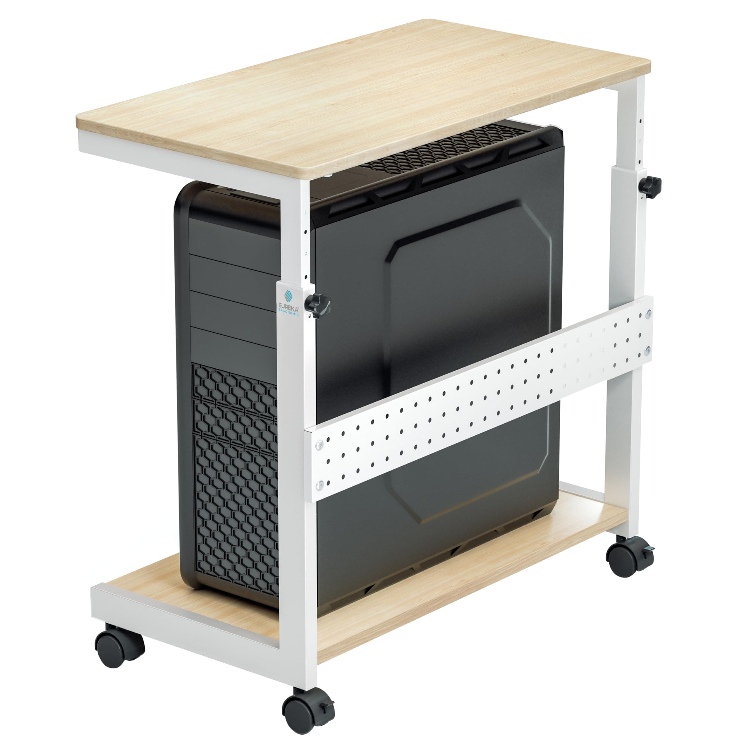 EUREKA ERGONOMIC PC Stand Computer Cart, Height Adjustable Tower Stand 2-Tier Suit for ATX Case Printer, Metal Rolling Cart on Wheels for Gaming Home Office, Maple