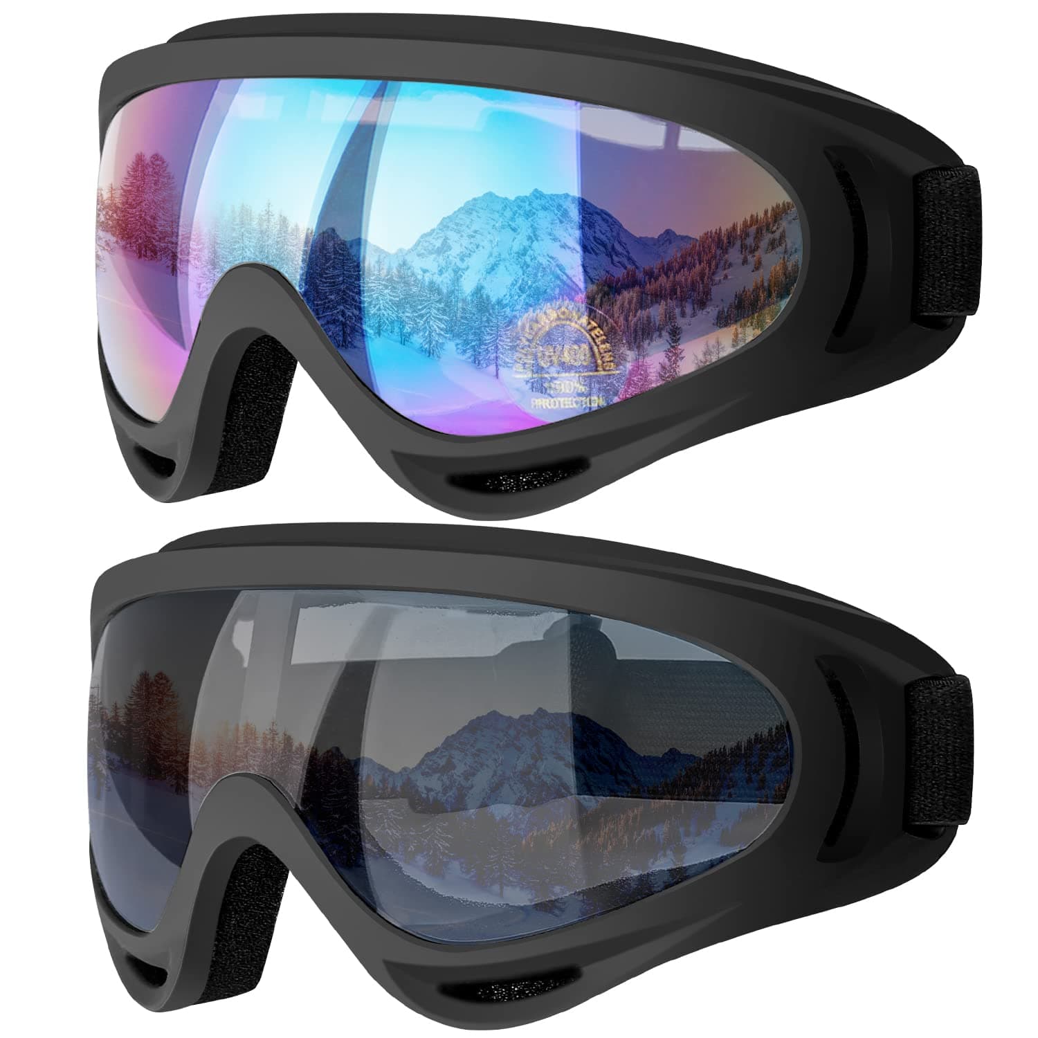 Ski Goggles, 2 Pack Snow Goggles Snowboard Goggles for Men Women Kids - UV Protection Foam Anti-Scratch Dustproof