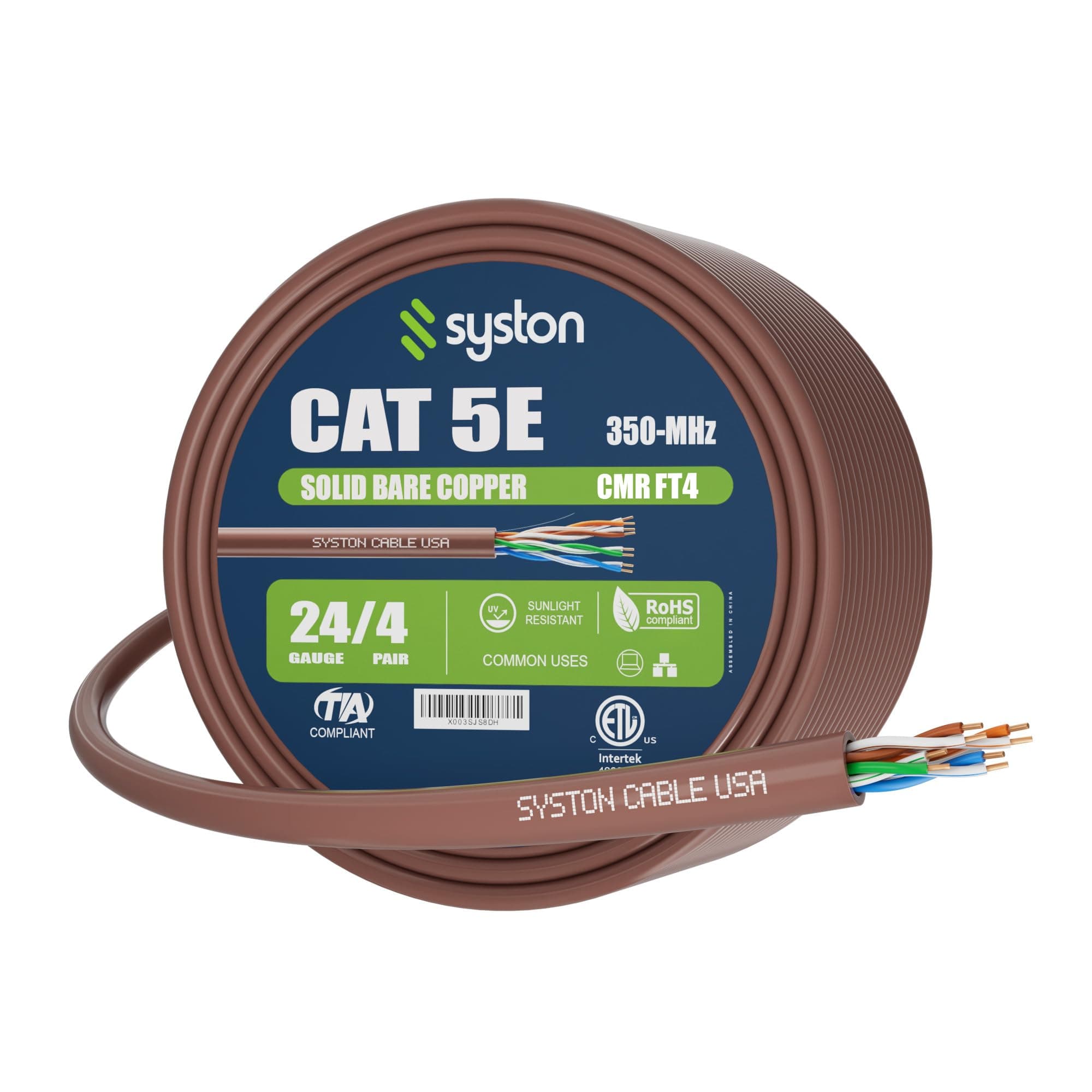 Cat 5e Ethernet Network Cable，350MHz 24AWG Solid Bare Copper Wire Outdoor/Indoor, Bulk No Ends 10 Ft to 1000 Ft Available, Heat Resistant Riser Rated - CMR