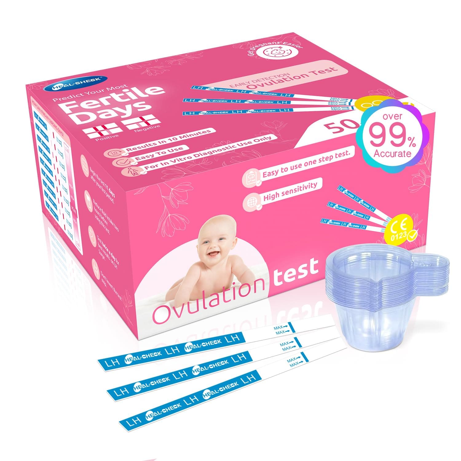 HEAL-CHECK 50 Count Ovulation Test Strips with Cups, Bulk Ovulation Test Strips for Women, Ovulation Predictor Kit, Accurate Fertility Tests for Home, Individually Wrapped 5mm LH