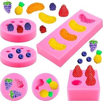 6 Pieces Fruit Fondant Molds Fruit Shaped Silicone 3D Strawberry Mold Fruit Silicone Molds Orange Pineapple Mulberry Blueberry Grape Fondant Molds for Jelly Cupcake Decorating