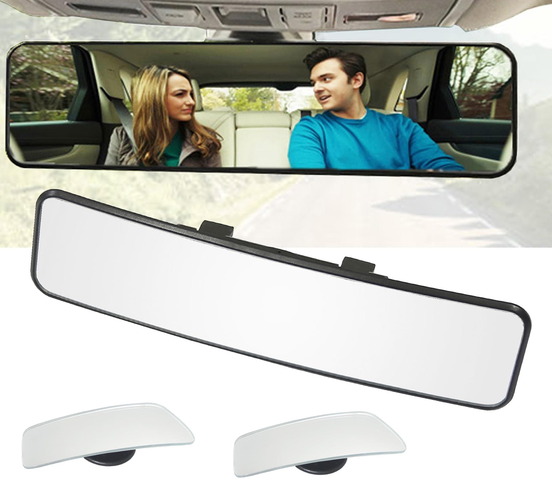 Rear View Mirror, Universal 11.4 Inch Interior Clip On Panoramic Rearview Mirror to Reduce Blind Spot Effectively – Wide Angle – Convex – For Cars, SUV, Trucks (Bonus 2 PCS Long Blind Spot Mirrors)
