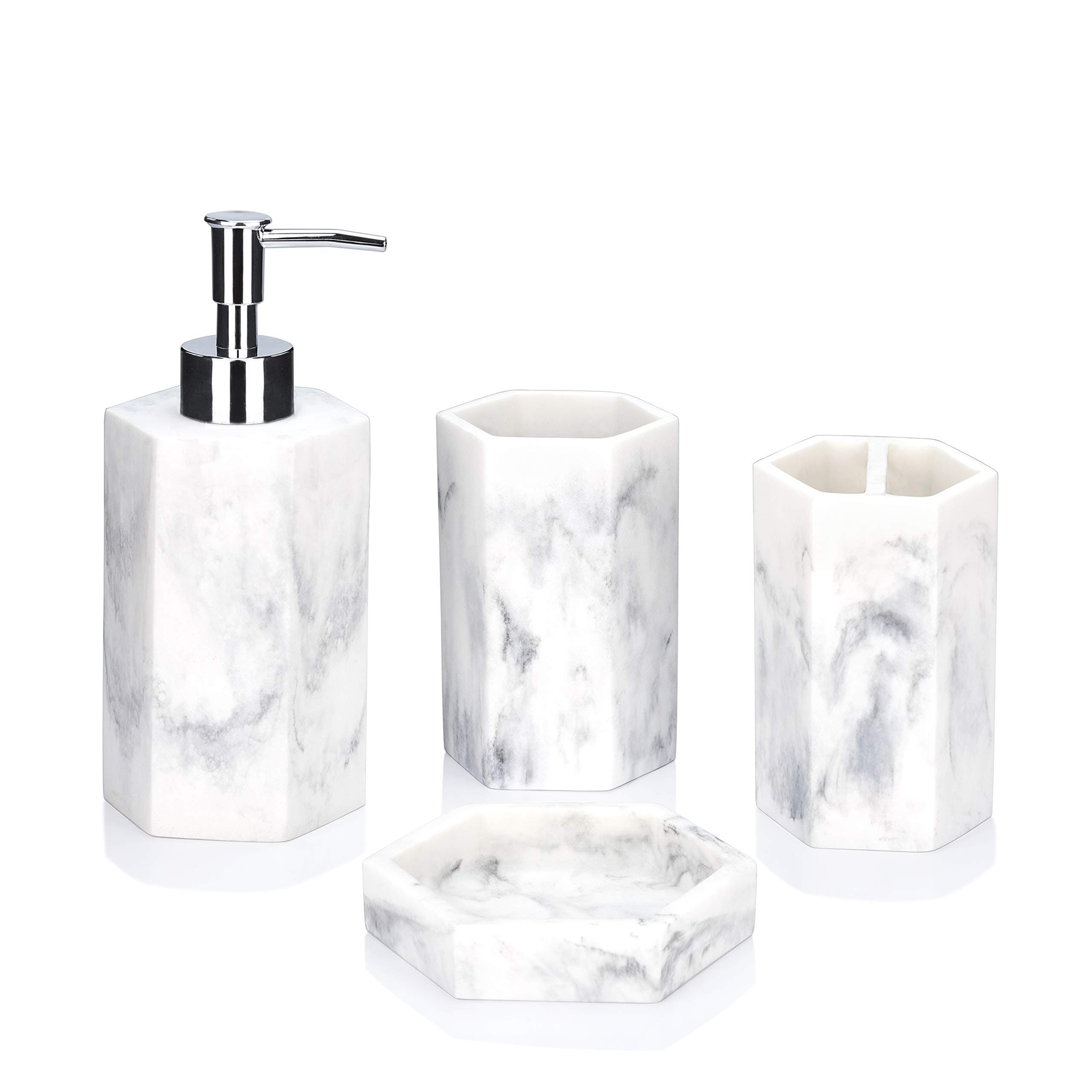 YangShiMoeed Marble Bathroom Accessories Sets 4 Pieces Bath Sink Decor with White Soap Dispenser Toothbrush Holder Bath Cup and Soap Tray for Victorian,Tropical,Transitional, Contemporary Bath Decor
