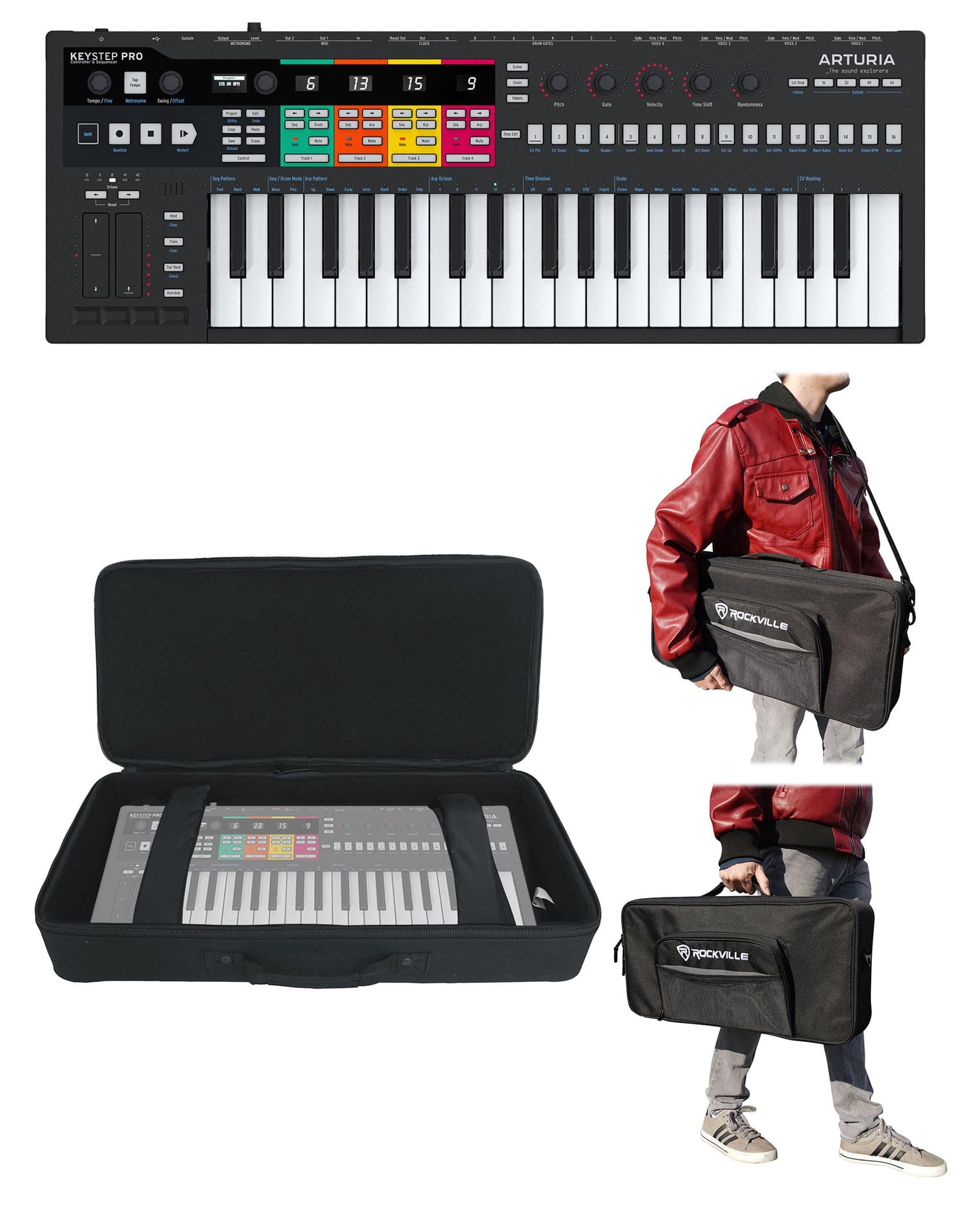 Arturia KeyStep Pro Black Bundle: Polyphonic Sequencing MIDI USB Keyboard Controller with CV Gate Outputs, KBFX2411 37-Key Padded Travel Bag, 2-items