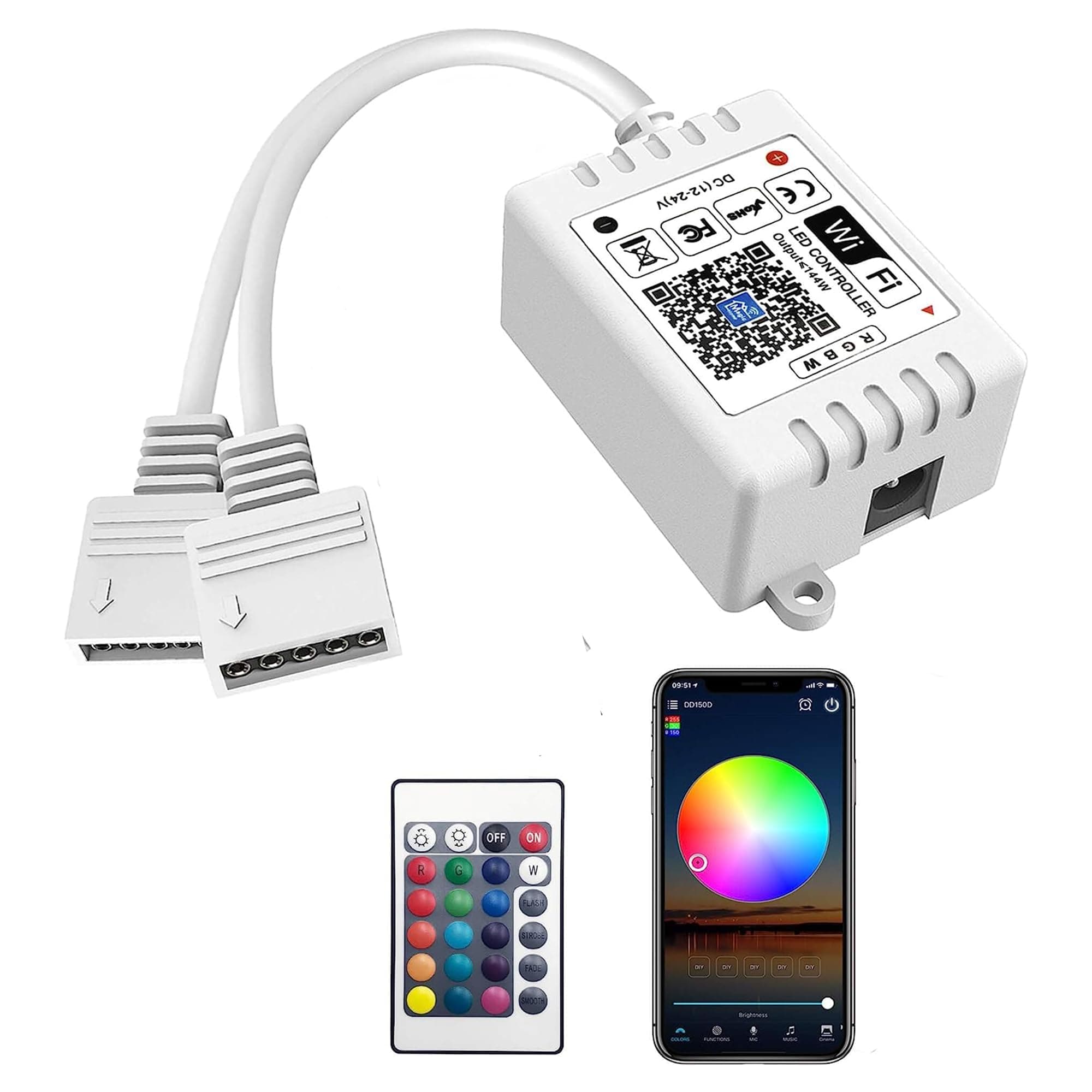 GIDEALED Smart WiFi RGBW LED Controller 2-Output 5 Pin with 24-Key Remote,Compatible with Alexa&Google Assistant,Voice/APP Control Strip Lights for Android/iOS System(WiFi LED Controller Only)