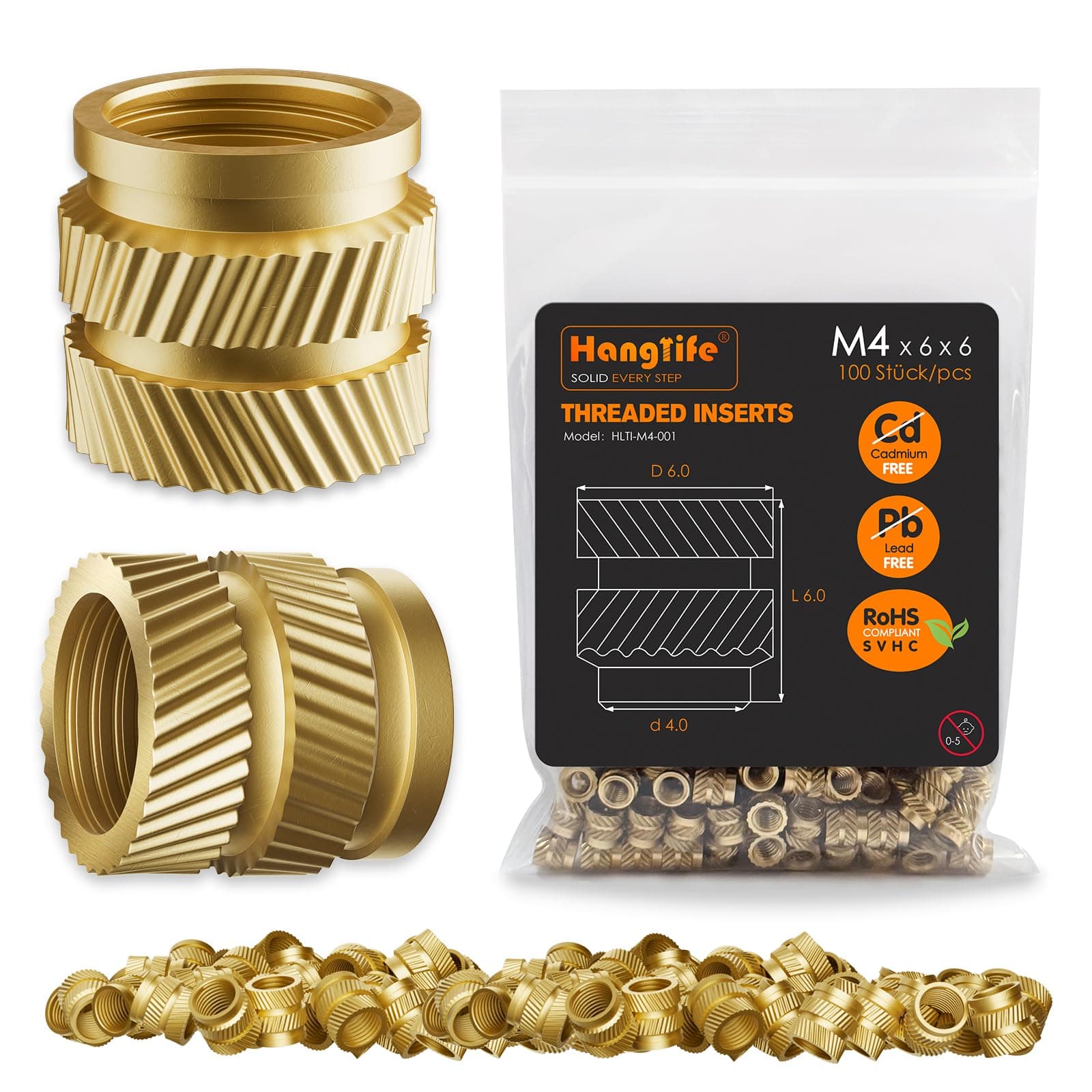 HANGLIFE Threaded Inserts for Plastic, M4 Heat Set Insert for 3D Printing Components and Plastic Parts - Brass Metric Knurled Nuts (100 Pieces)