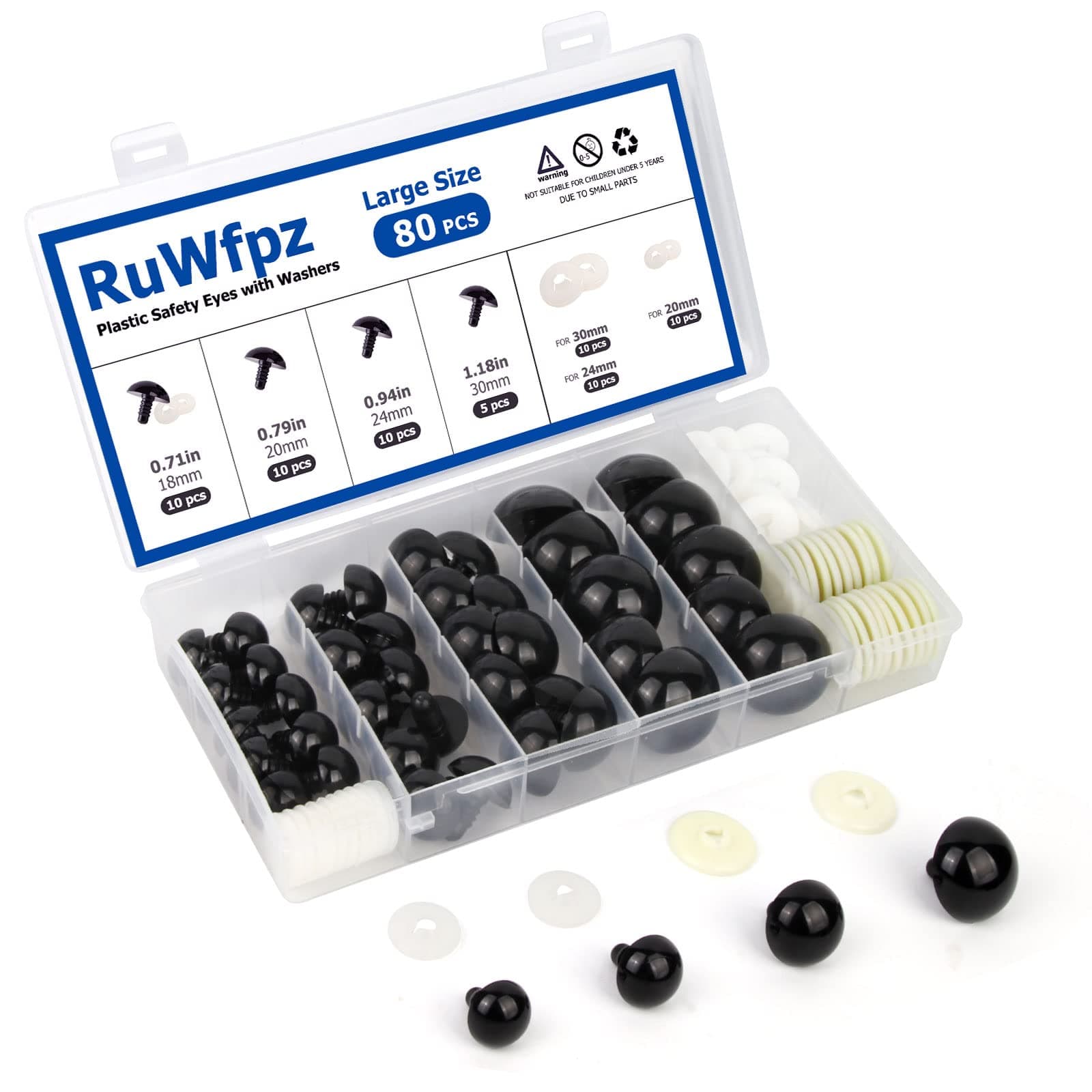 Large Safety Eyes for Amigurumi Crochet 18-30mm - RuWfpz 4 Sizes Stuffed Animal Eyes with Washers, 80Pcs Black Plastic Crochet Safety Eyes for Crafts Doll Bear Plush Animal