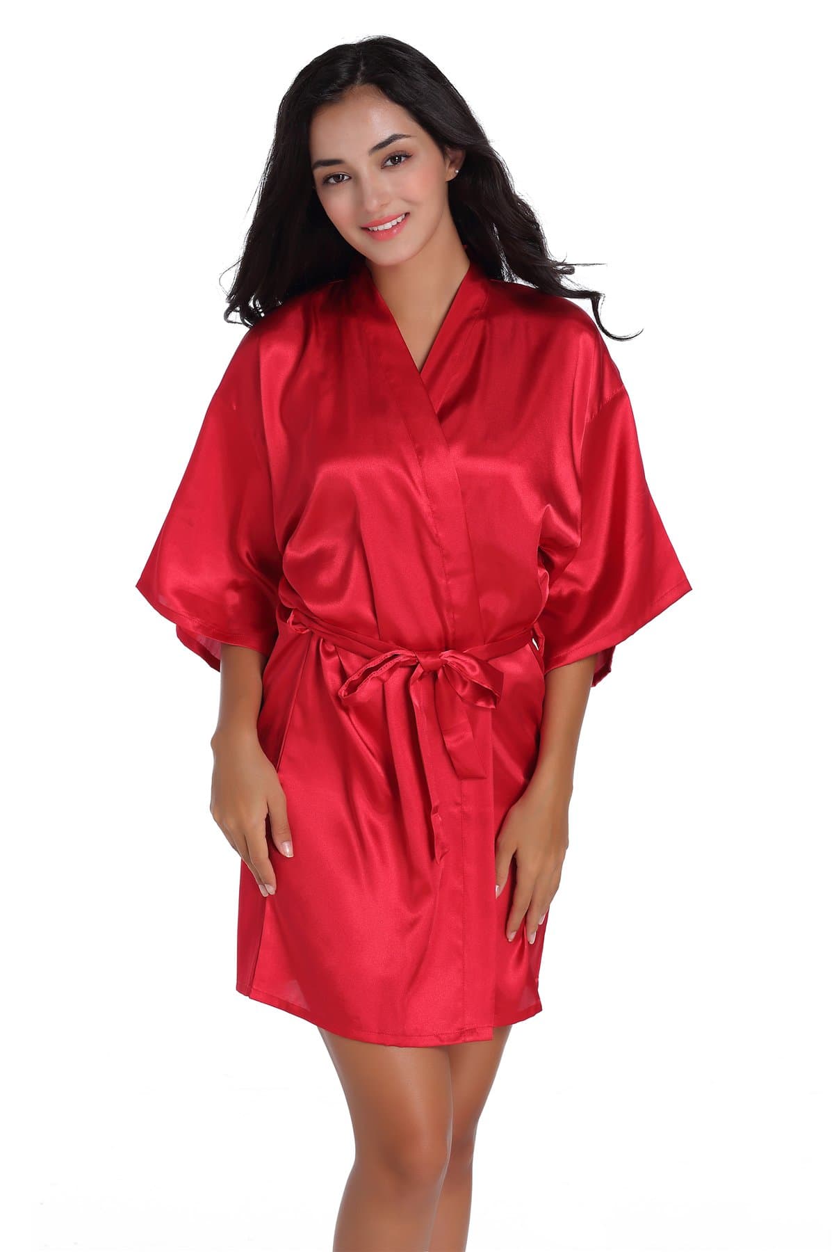 Women's Satin Short Kimono Robe Plain Dressing Gown, Red, Medium
