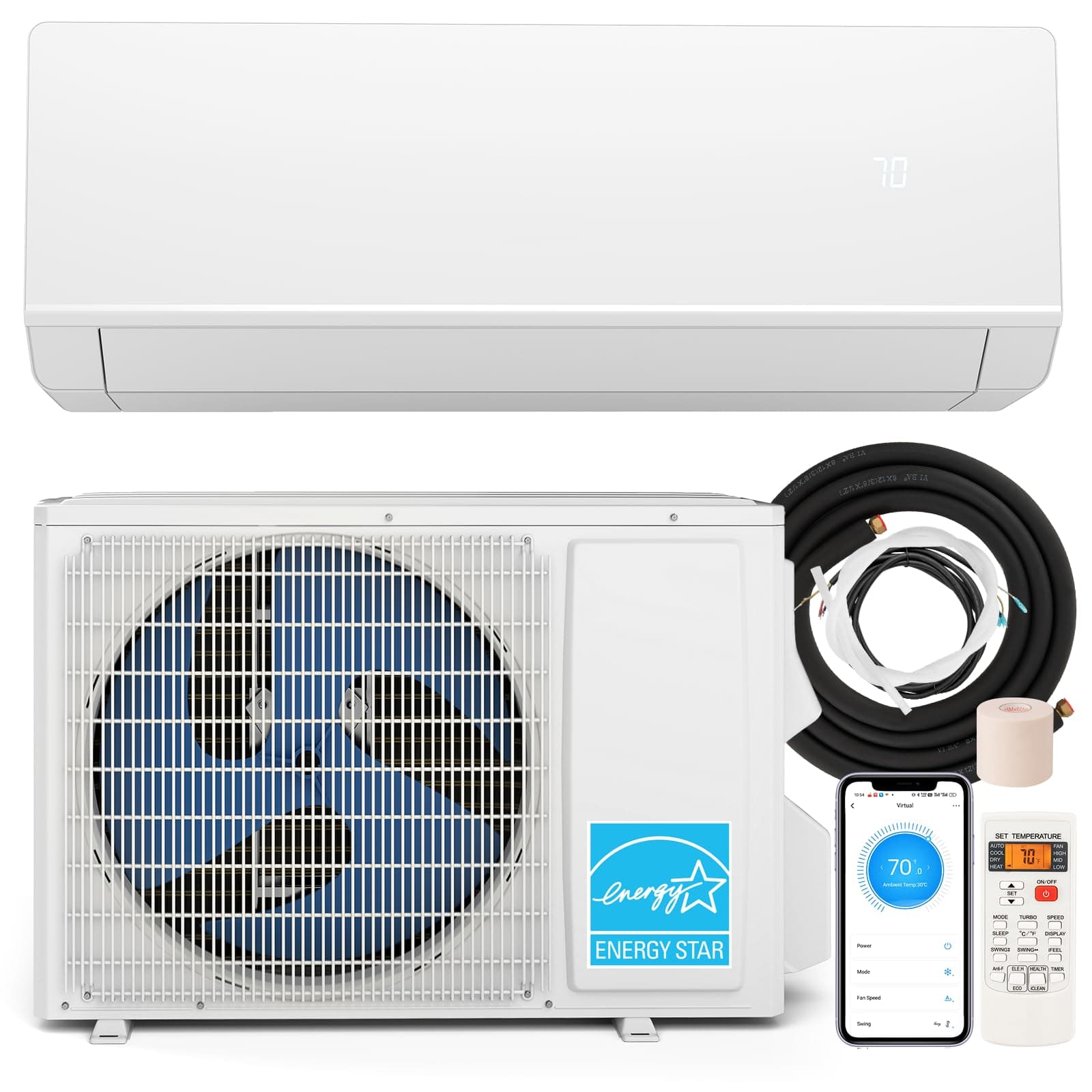 24,000 BTU Wifi Enabled Mini Split Air Conditioner & Heater with Inverter, SEER2 25, 220V, Cools Up to 1500 Sq.Ft, Compatible with Alexa, Pre-Charged Heat Pump, White