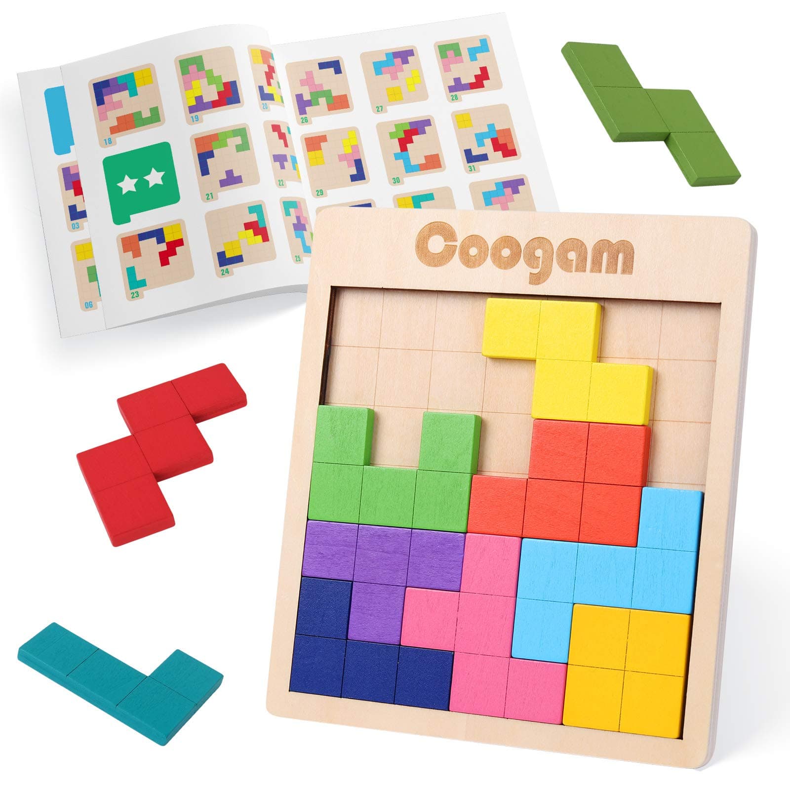 Wooden Puzzle Pattern Blocks Brain Teasers Game with 60 Challenges, 3D Russian Building Toy Wood Tangram Shape Jigsaw Puzzles Montessori STEM Educational Toys Gift for Kids Adults