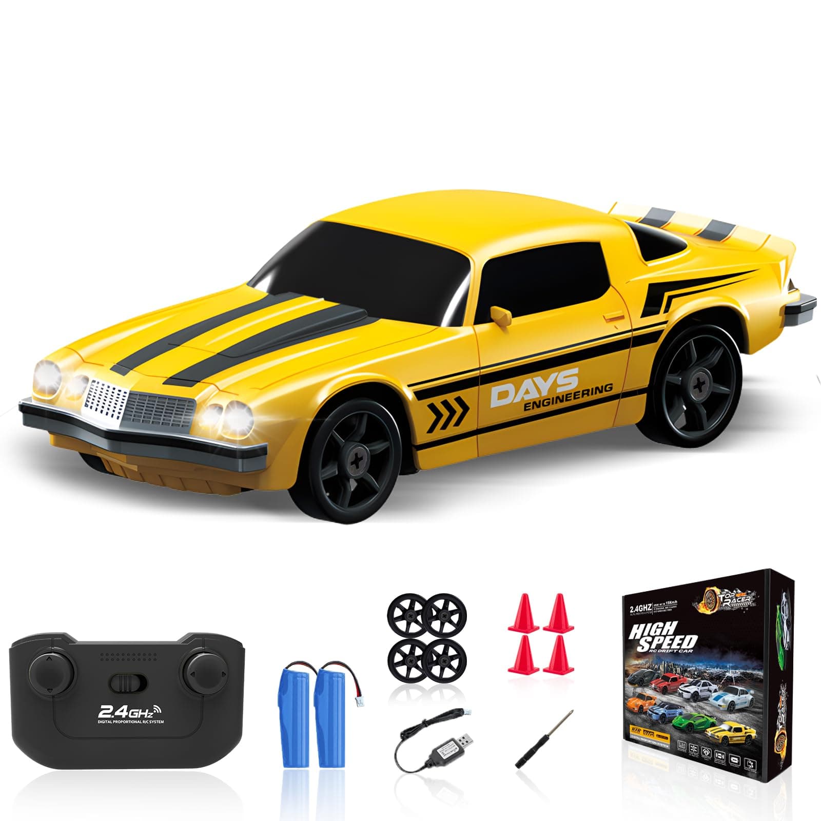 RC Drift Car, 1/24 4WD Remote Control Car 2.4GHz High Speed Drift RC Cars with LED Light, Two Rechargeable Batteries and Drifting Tires for Kids Boys Girls and Adults, Yellow