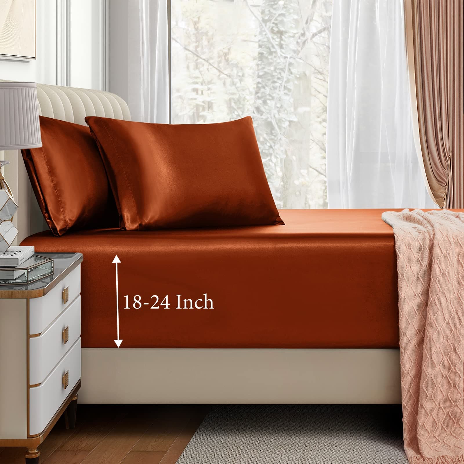 VACVELT 3pcs Extra Deep Pocket Satin Fitted Sheet Set Cal King Bed Set, Burnt Orange Bottom Sheet Fit 18-24 Inch Deep Pocket Mattress, Silky Bedding Set Soft & Ultra Deep Fitted Sheet & 2 Pillowcase