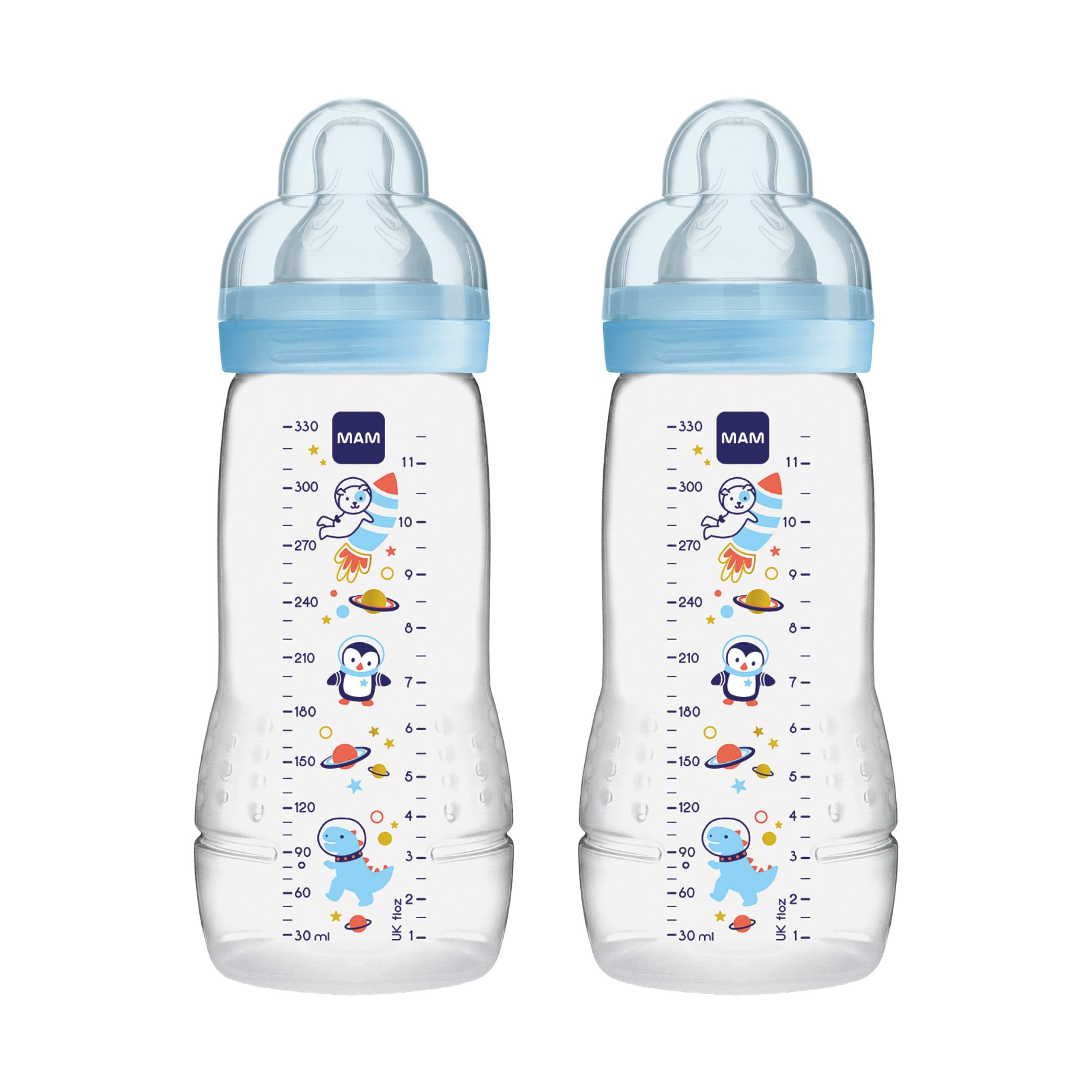 Easy Active Baby Bottle with Fast Flow MAM Teats Size 3, Twin Pack of Baby Bottles, Baby Feeding, 330 ml, Blue (Designs May Vary)
