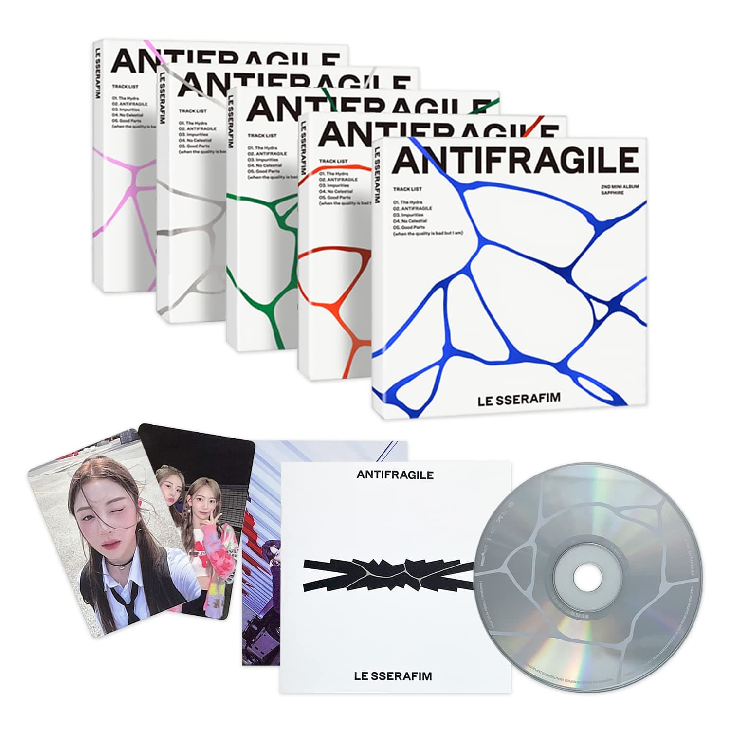 LE SSERAFIM - 2nd Mini Album [ANTIFRAGILE] (COMPACT ver. / Random) Outer Box + Booklet + CD + Individual Photocard + Unit Photocard + Postcard + 2 Pin Button Badges + 4 Extra Photocards