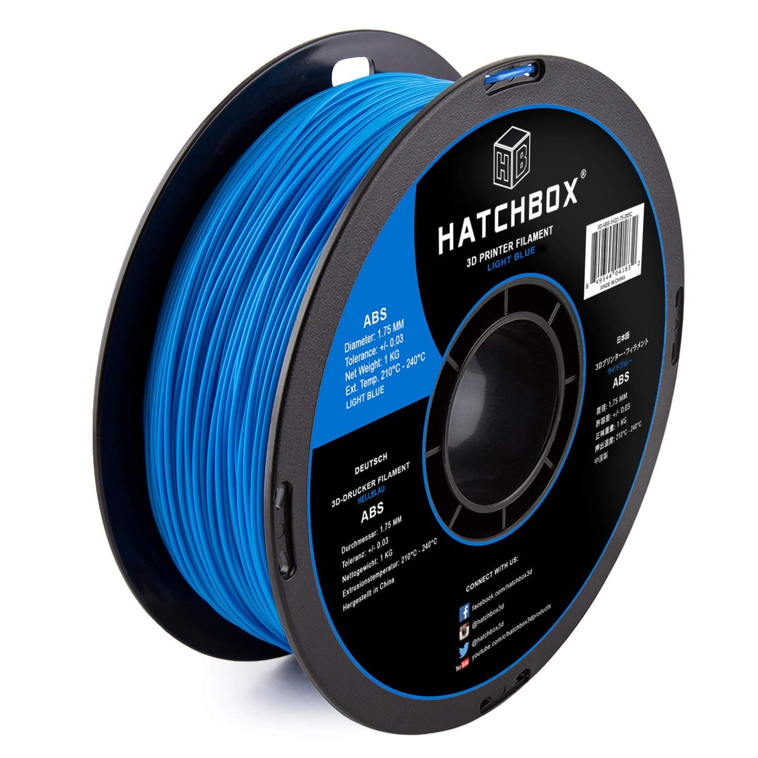 HATCHBOX ABS 3D Printer Filament, Dimensional Accuracy +/- 0.03 mm, 1 kg Spool, 1.75 mm, Light Blue