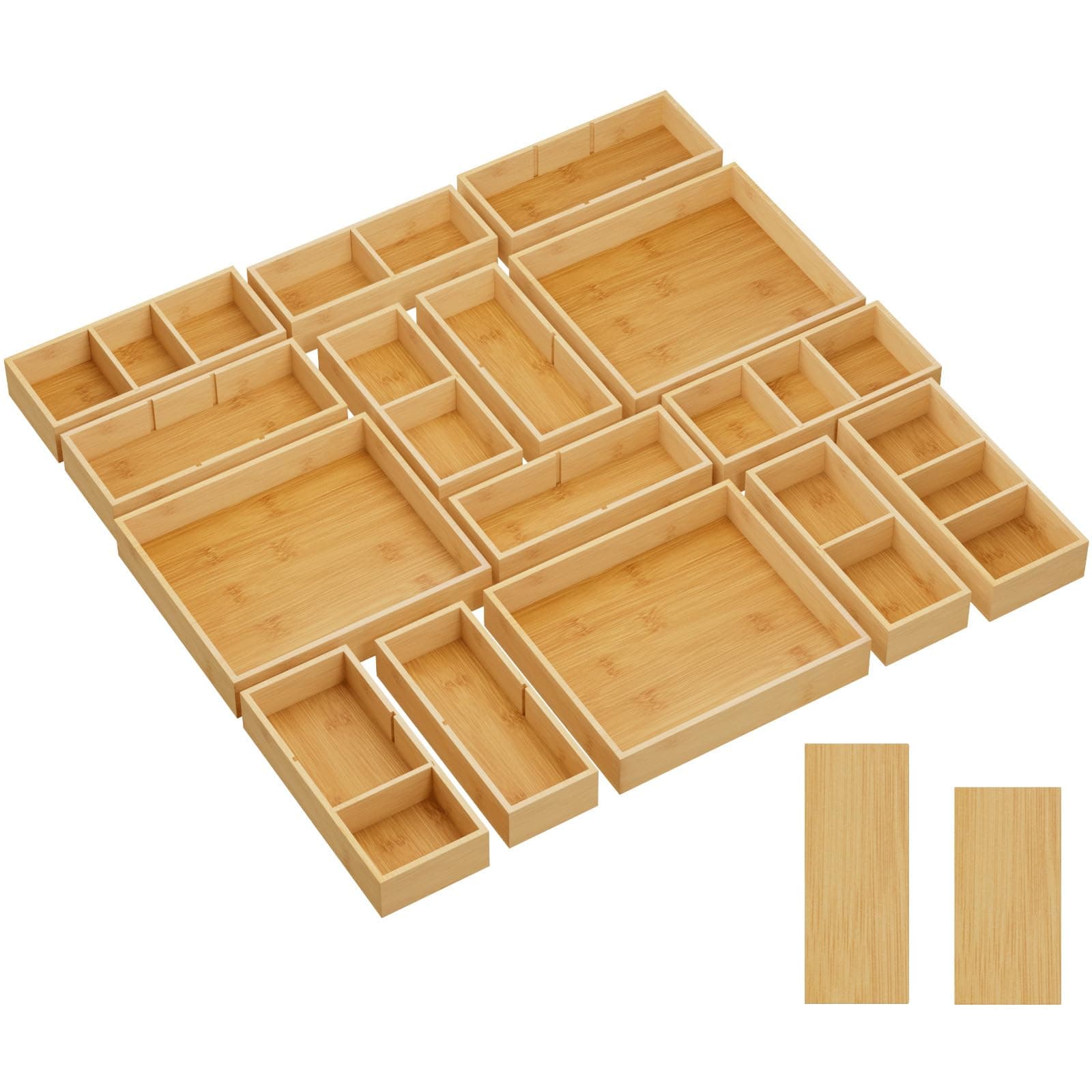 Lifewit Drawer Organizer 15 Pack(33 Grid) with 18 Inserts, Wooden Adjustable Desk Drawer Divider Trays, Storage Bins for Makeup, Kitchen Utensils, Vanity Accessories in Office/Bathroom/Bedroom