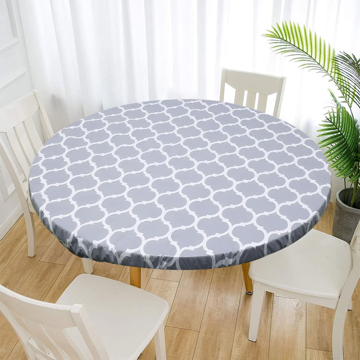 Waterproof Round Tablecloth, Elastic Edged Fitted Flannel Backed Table Cover Stain Resistant Oil-proof PVC Table Protector Cover for Dinning Room Kitchen Picnic Party (Grey Stripe, 90-110cm)