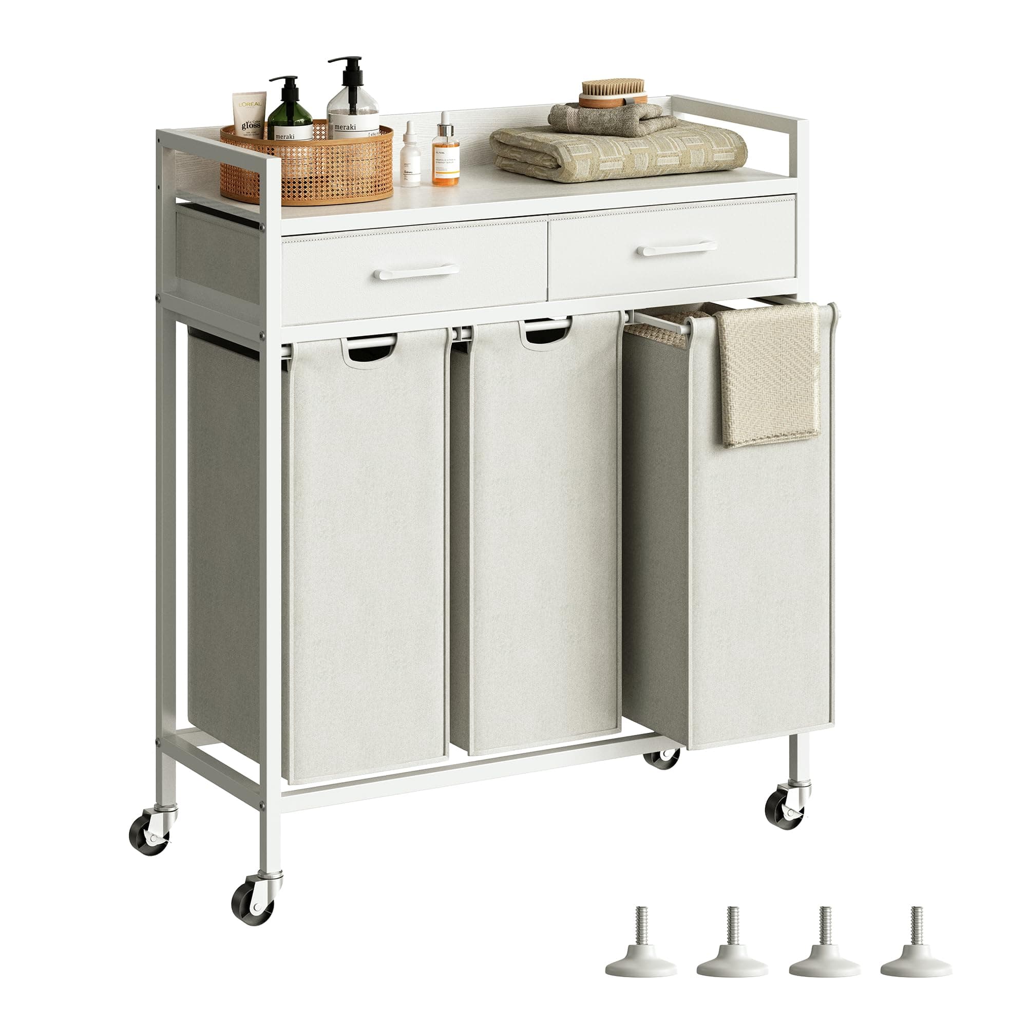 Laundry Sorter 3 Section Laundry Hamper with Shelf, Durable 3 Section Laundry Basket with Rolling Wheels & Storage Drawers, 3 x 13.26 Gallons (50L), White PF09XLW