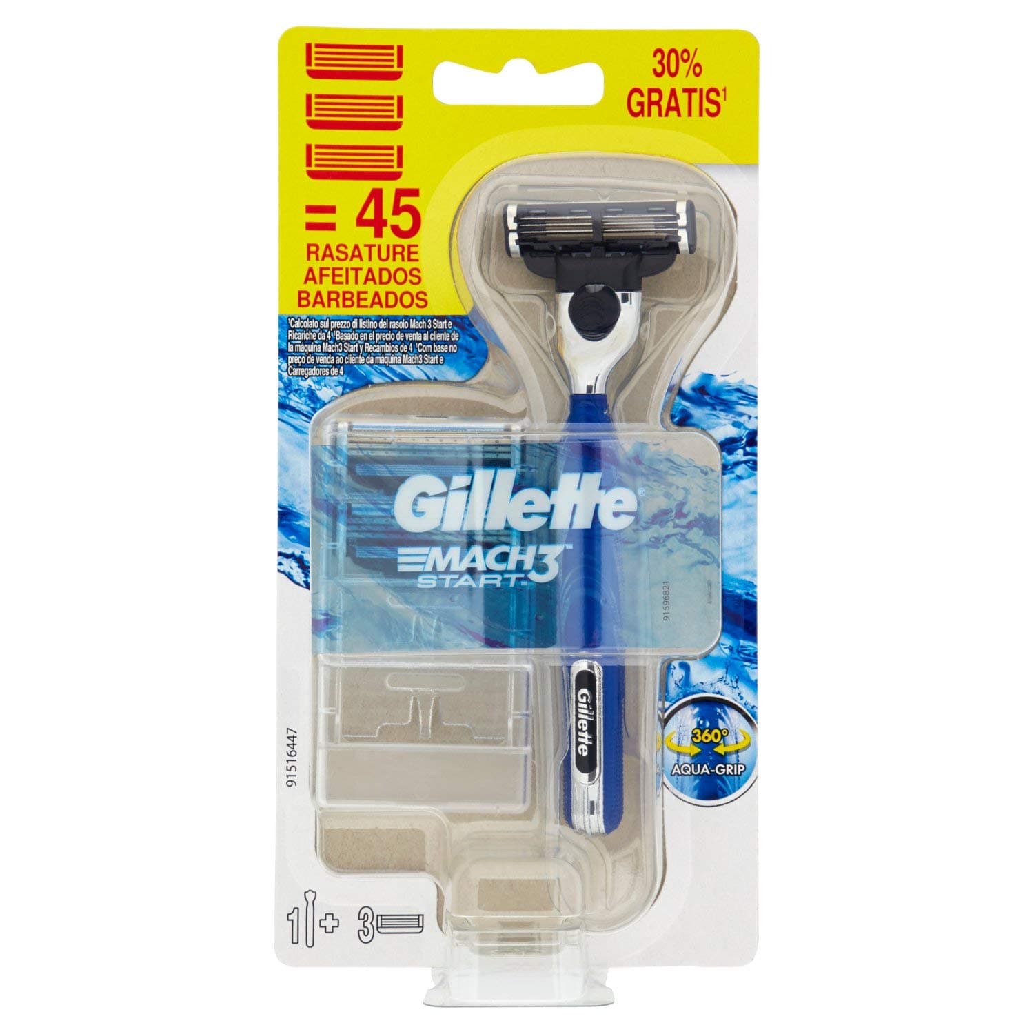 GilletteMach3 Start Razor + 2 Sheets with Aqua-Grip Handle for Full Control Even Wet