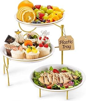 Lifewit Plastic 3 Tier Serving Tray for Party, 25 cm/10" White Reusable Round Serving Platters with Black Collapsible Metal Stand, Decorative Dessert Table Display Set for Veggie, Fruit, Cookies