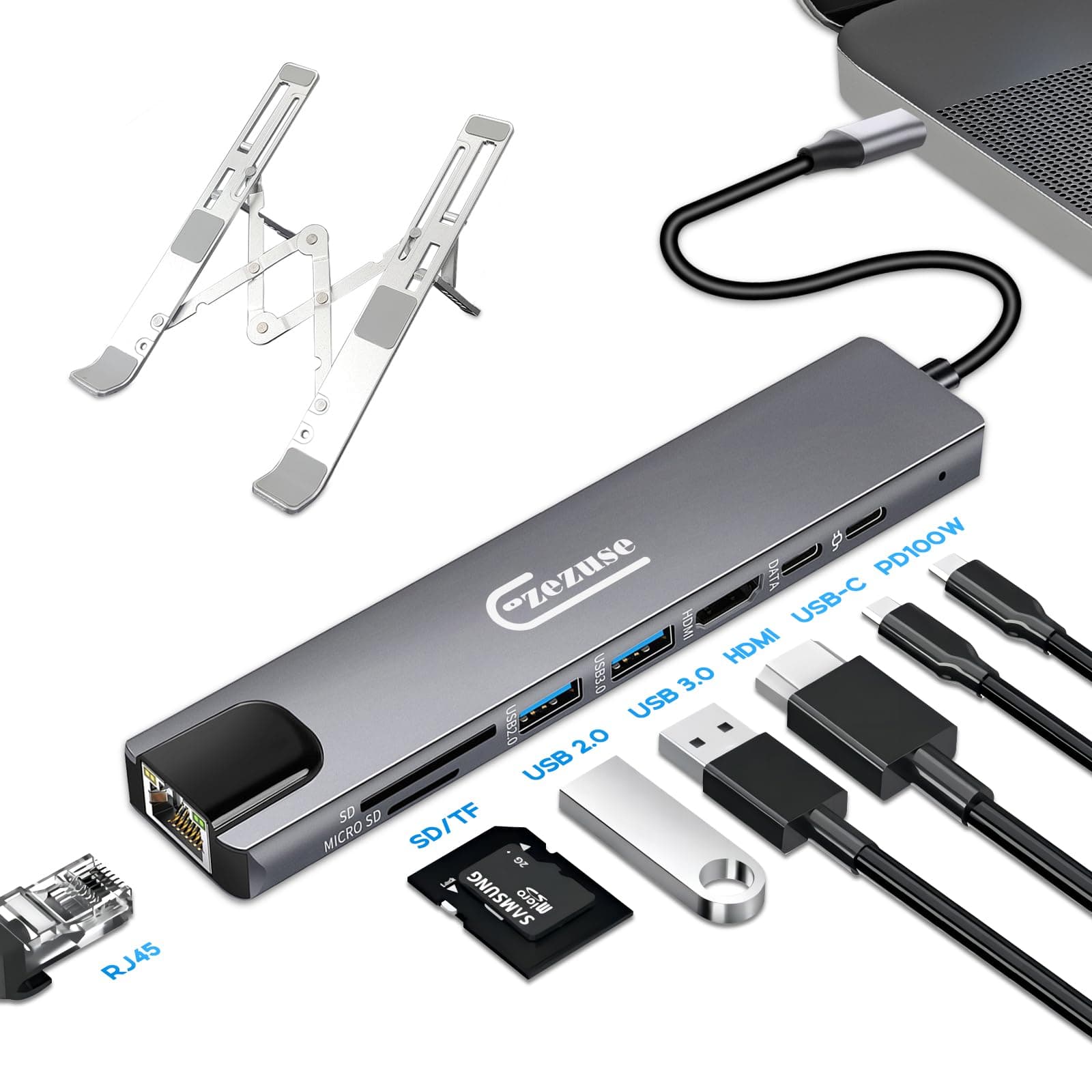 Ezezuse USB C Docking Station with Laptop Stand,8 in 1 USB C Hub with 4K 30Hz HDMI Port,1 x USB-A 3.0/1 x USB-A 2.0 and 2 x 100W USB-C Port, Ethernet, SD/TF for Dell/Surface/HP/Lenovo Laptops