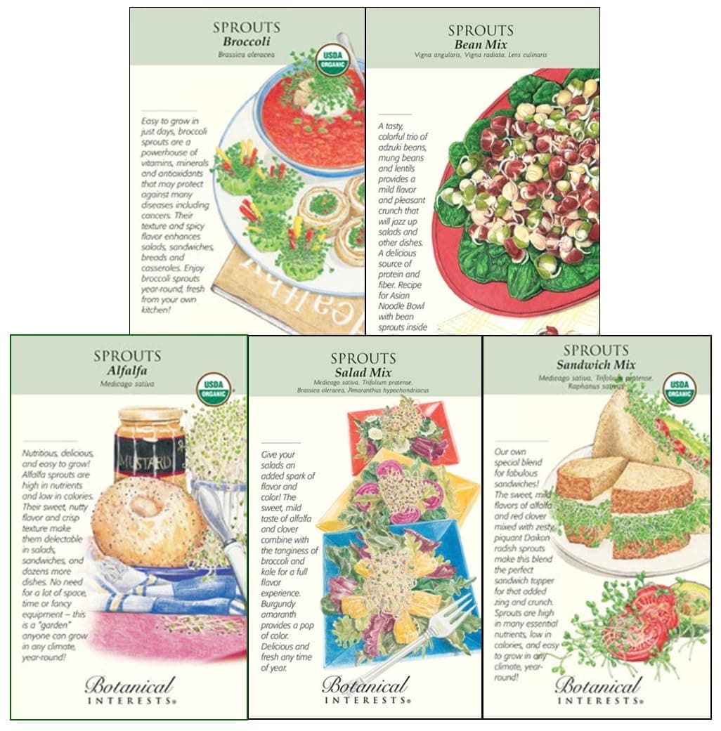 Botanical Interests Organic "Sprouting" Seed Collection - 5 (Five) Varieties, Large Packets