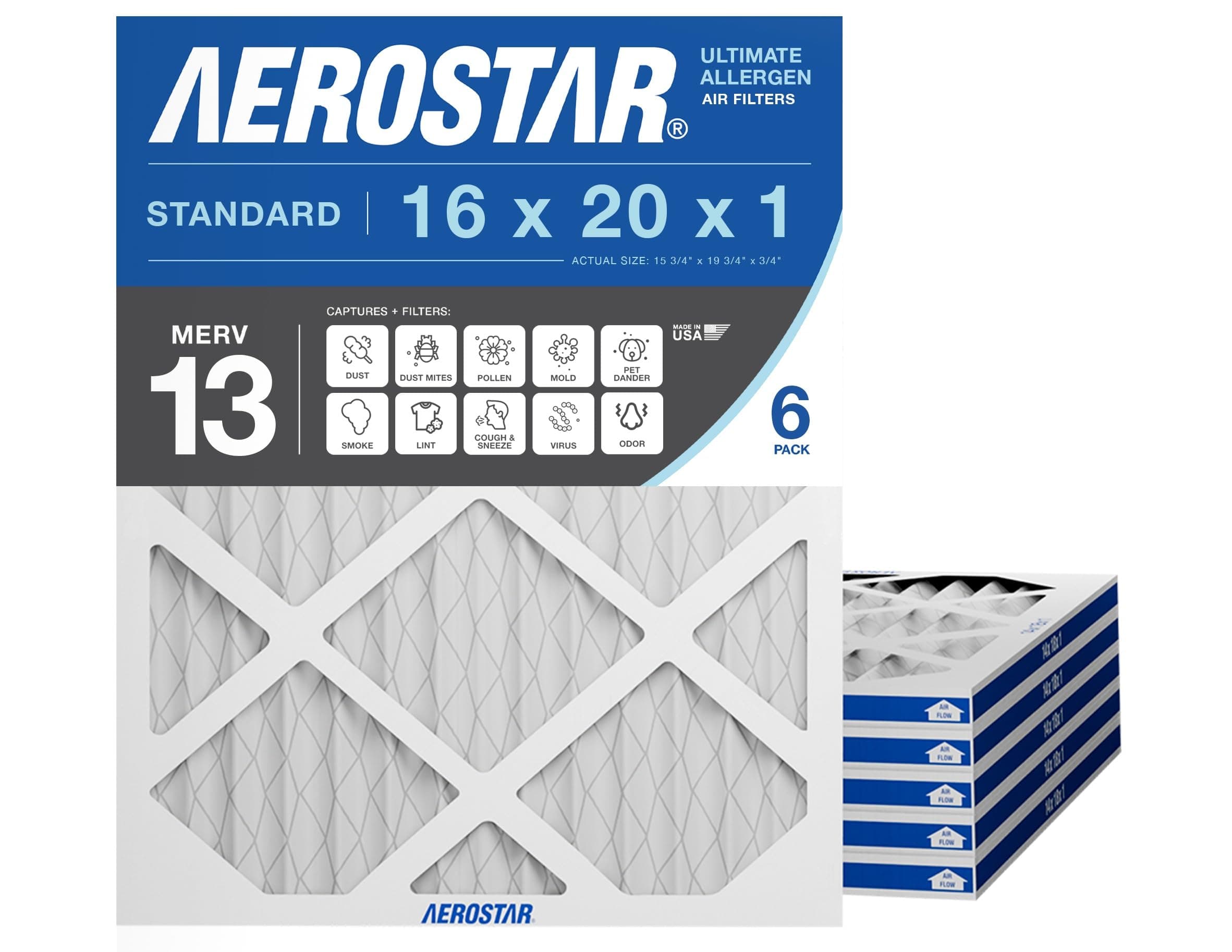 Aerostar 16x20x1 MERV 13 Air Filter, 6 Count, ACTUAL SIZE (15.50 x 19.50 x 0.75 ), HVAC, Air Conditioning & Furnace Filter for Allergies, Dust, Pet Dander & Smoke (MPR 1500 / FPR 10), Made in USA