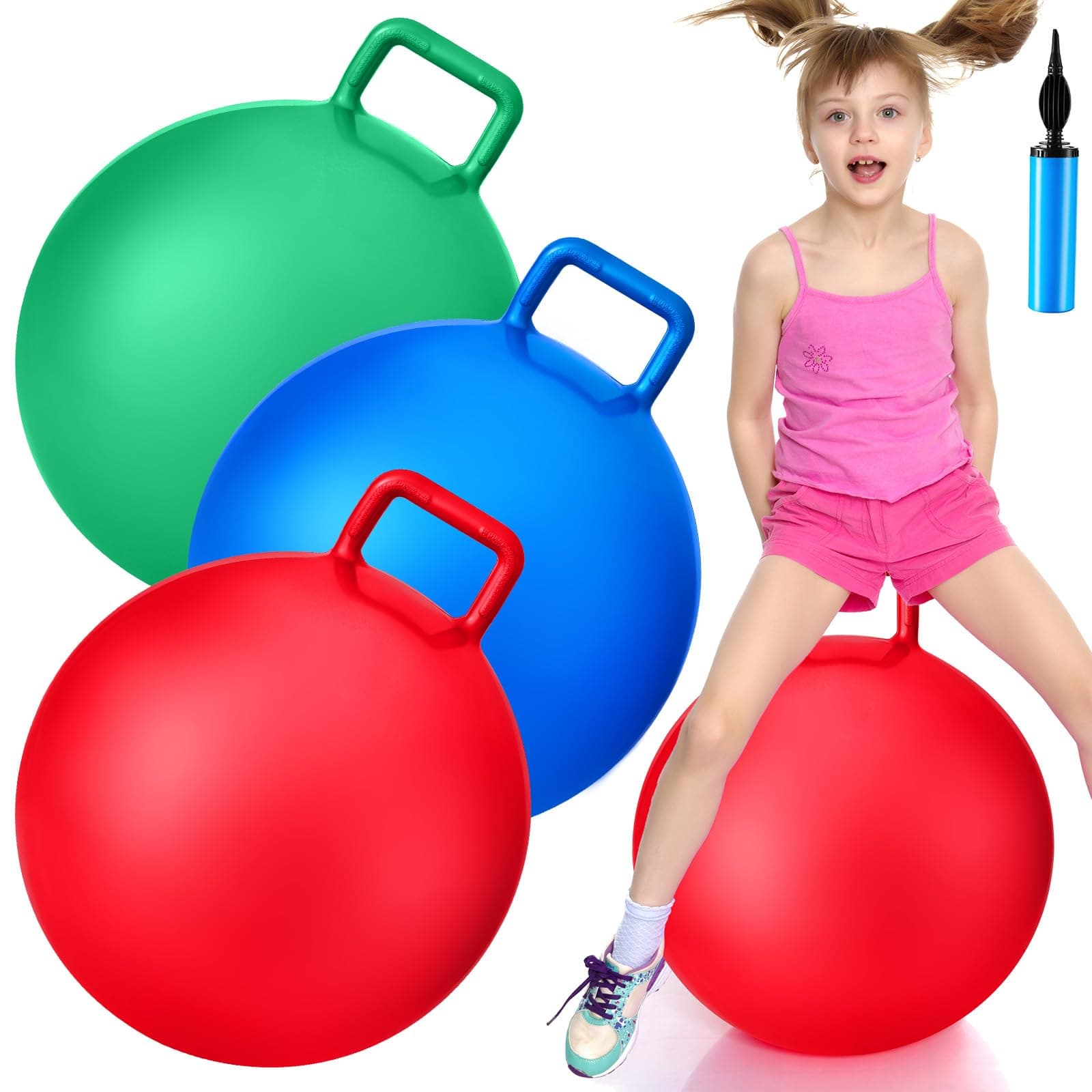 Lewtemi 3 Pcs 22 Inch Bouncing Ball with Handle, Outdoors Hopper Jumping Hopping Ball and Air Pump for Sports Exercise (Red, Blue, Green)