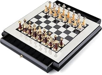 AMEROUS 16 Inches Wooden Chess Set, Large Size Board with 2 Built-in Storage Drawers - 2 Extra Queens - Metallic & Wooden Chess Pieces - Gift Packaging, Board Games for Adults and Kids