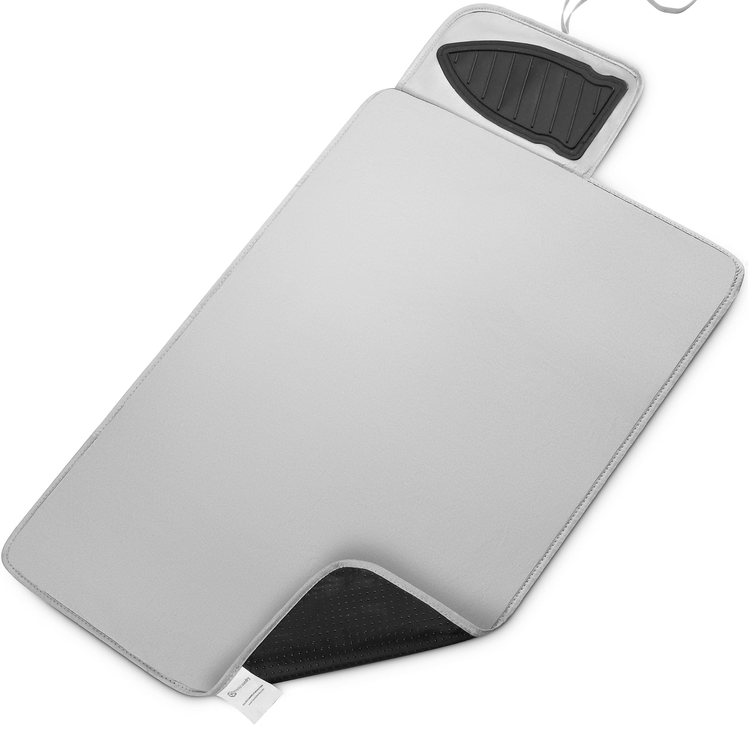 PORTABLE IRONING MAT - Easily turn flat surface into an ironing board. Features a silicone anti-slip iron rest to safely place your hot iron. Easy to carry while traveling