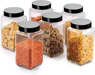 Glass Cubical Square 1000ml Transparent Glass Jars & Containers for Kitchen Pantry, Snacks, Masala, Pickles, Cookies, Dry Fruits, Coffee Storage with Black Plastic Lid (1000ml, Set Of 6)