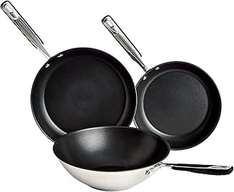 AmazonBasics 3-Piece Stainless-Steel Frying Pan Set