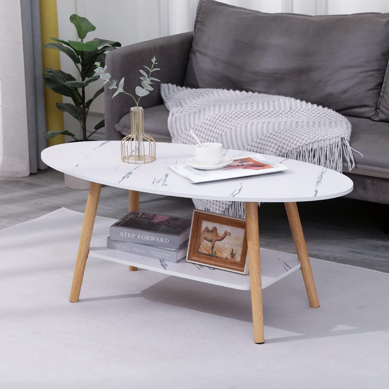 RVEE 2 Tier Coffee Table Cocktail Table Sofa Table Ellipse Oval Faux Marble Modern Wood Legs White Mesa de café