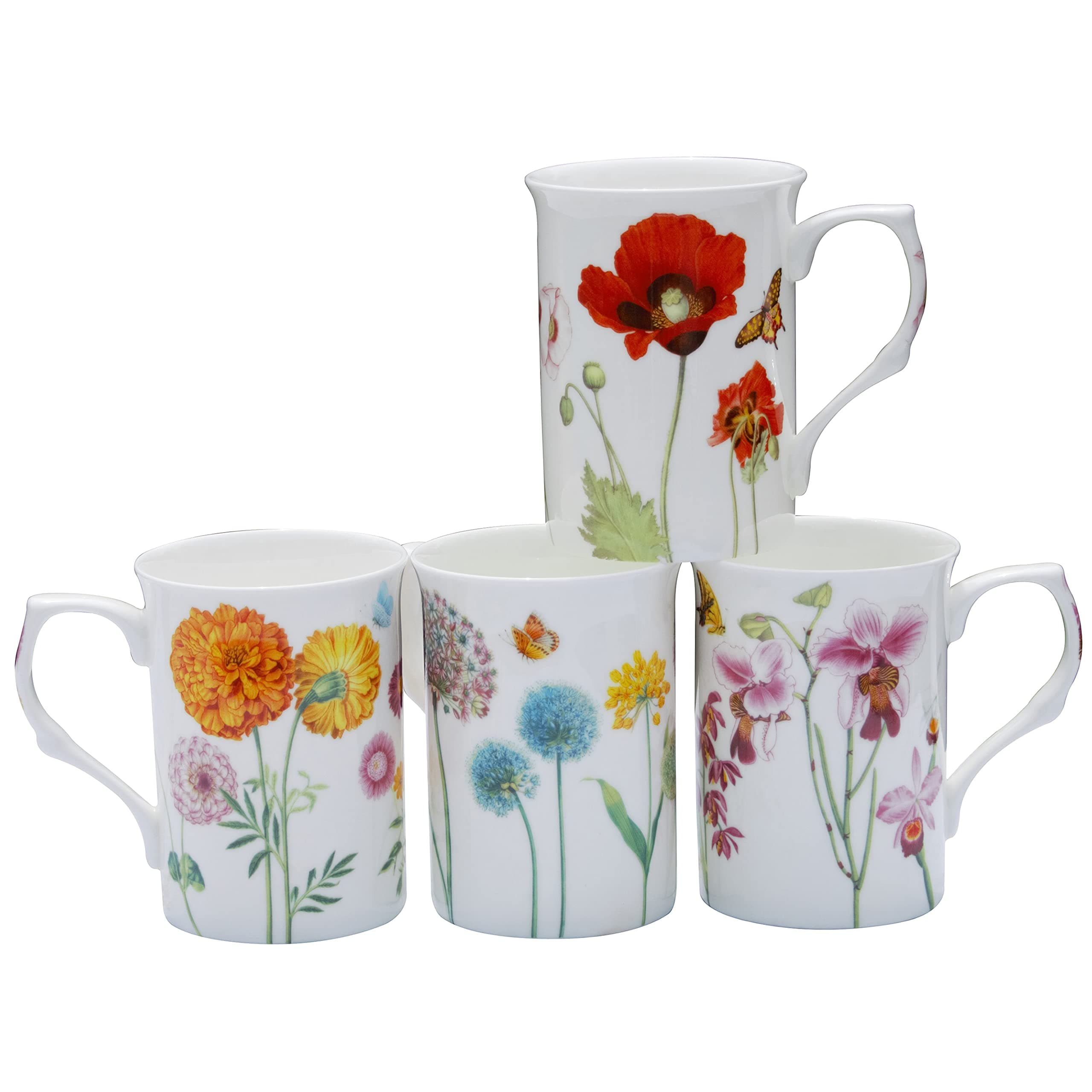 Bone China Coffee Tea Mugs 9-Ounce, Assorted Set of 4 (Wildflower Garden)