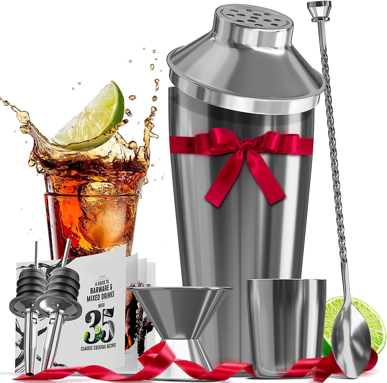 Bar Set Cocktail Shaker Set Bartender Kit, 8 Piece Silver Cocktail Set, Mixology Bartender Kit, Steel Drink Shakers Cocktail Kit, Bar Accessories: 24oz Martini Shaker, Muddler, Cocktail Book and More