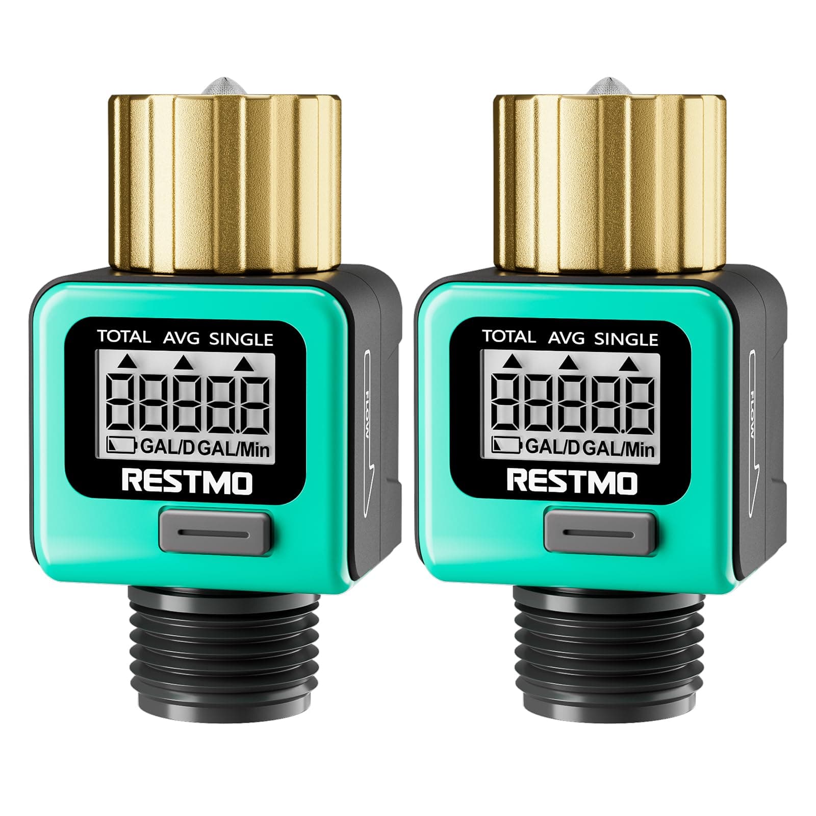 [2 Pack] RESTMO Heavy Duty Water Flow Meter, Pure Brass Inlet | Metal Thread | 4 Measure Modes | Display Gallon/Liter Usage and Flow Rate | Ideal to Track Outdoor Garden Hose Watering