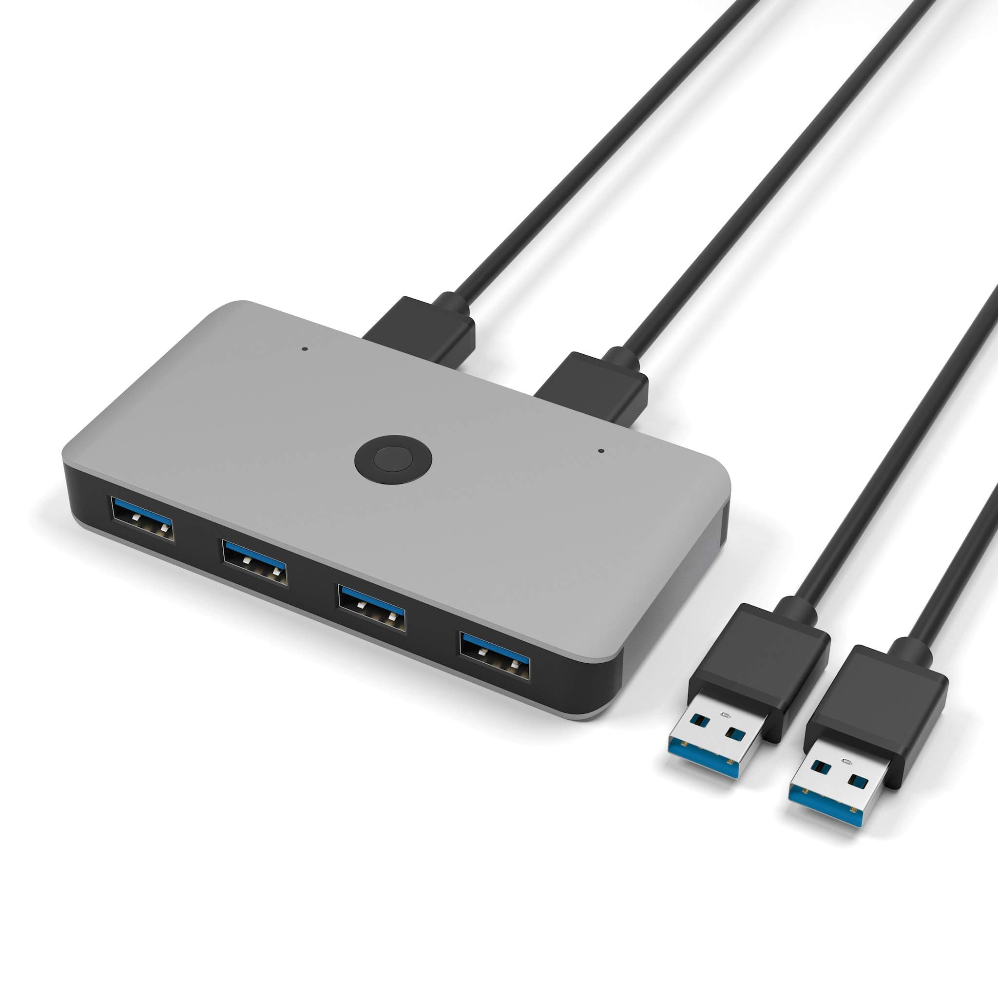 USB 3.0 Aluminum Sharing Switch Selector 4 Port 2 Computers Peripheral Switcher Adapter Hub for PC, Printer, Scanner, Mouse, Keyboard with One Button Swapping and 2 Pack USB 3.0 Male Cable