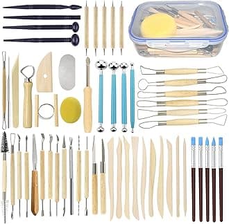 Augernis 57PCS Ceramic Clay Tools Set with Plastic Case Modeling Pottery Sculpting Tools Kits for Beginners Professionals Crafts Polymer Clay Club, Dotting, Ribbon Trimming
