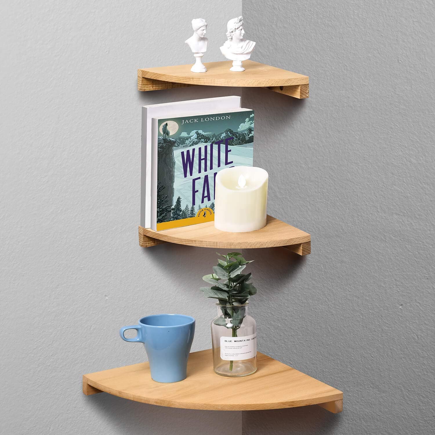 Yankario Corner Wall Shelf Set of 3, Solid Beech Wood Floating Shelves Wall Mounted, Natural