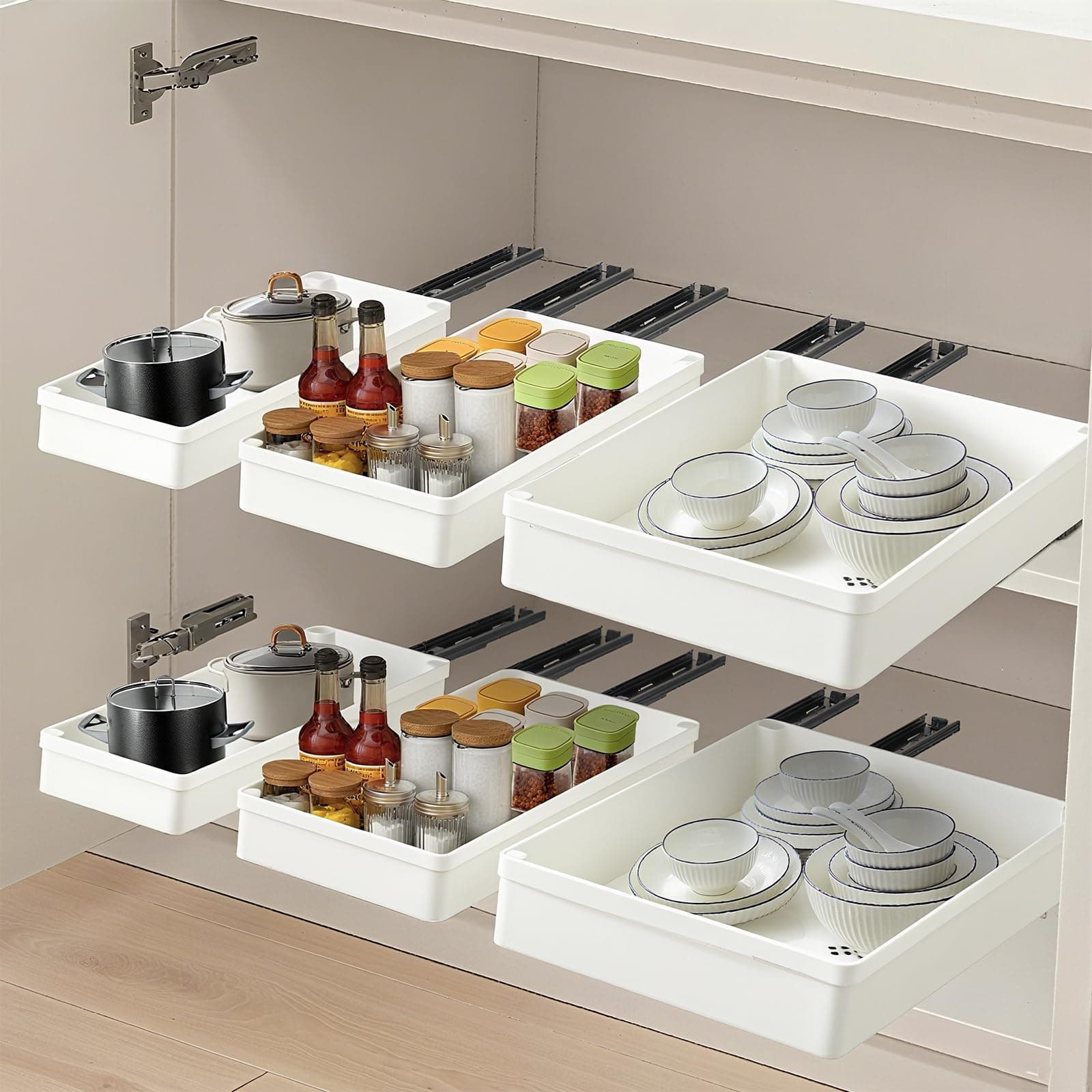 CROWNSHOP Pull Out Cabinet Organiser 3PCS Kitchen Cupboard Organiser Adjustable Pull Out Kitchen Storage No Drilling and Nailing Required White (White 3Pack)