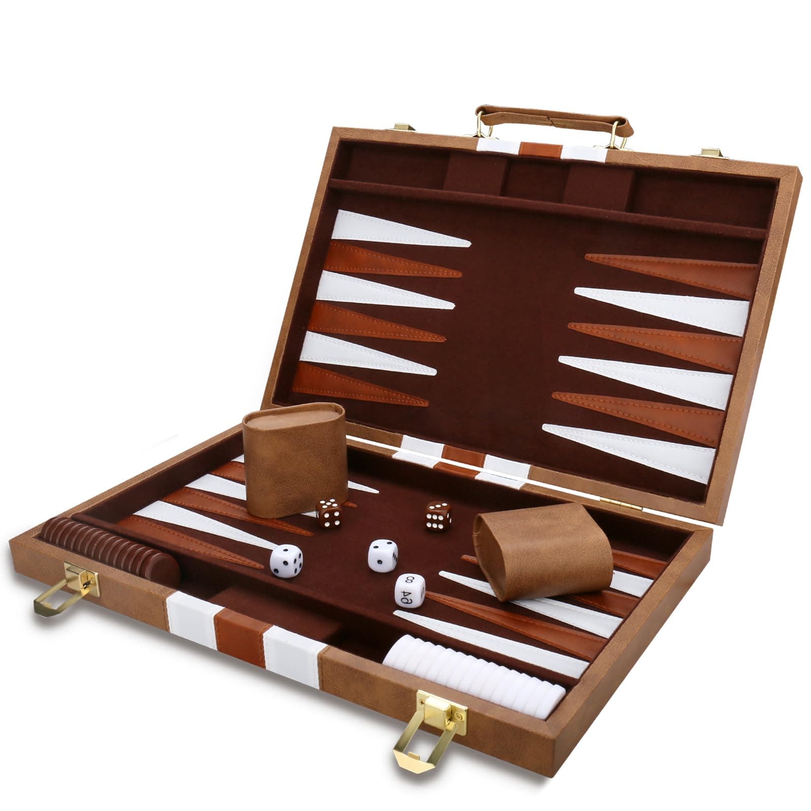 Backgammon Set - Classic Board Game with Premium Leather Case - Portable Travel Strategy Backgammon Game Set for Adults, Kids (18inch, Khaki)