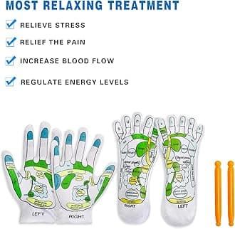 Onukaly 4PCS Acupressure Reflexology Socks and Gloves Tool Set, Hand Spa Reflexology Tools Massage and Foot Massage with Massage Rod for Women and Men Tired Relieve