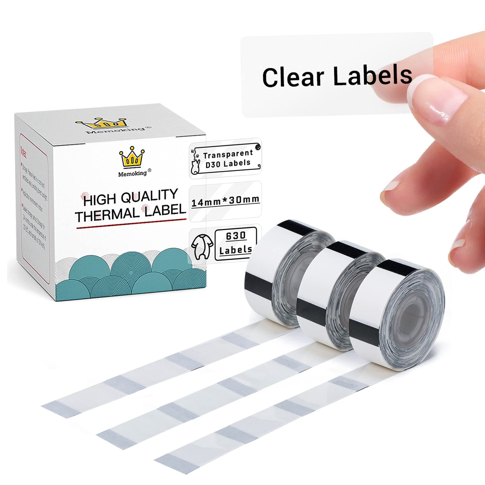 Label Maker Tape - D30 Transparent Clear Label, Waterproof Thermal Printer Tape, 14x30mm/0.55x1.18inch for Name Price Classification, Compatible with Memoking/Phomemo D30, 3 Rolls