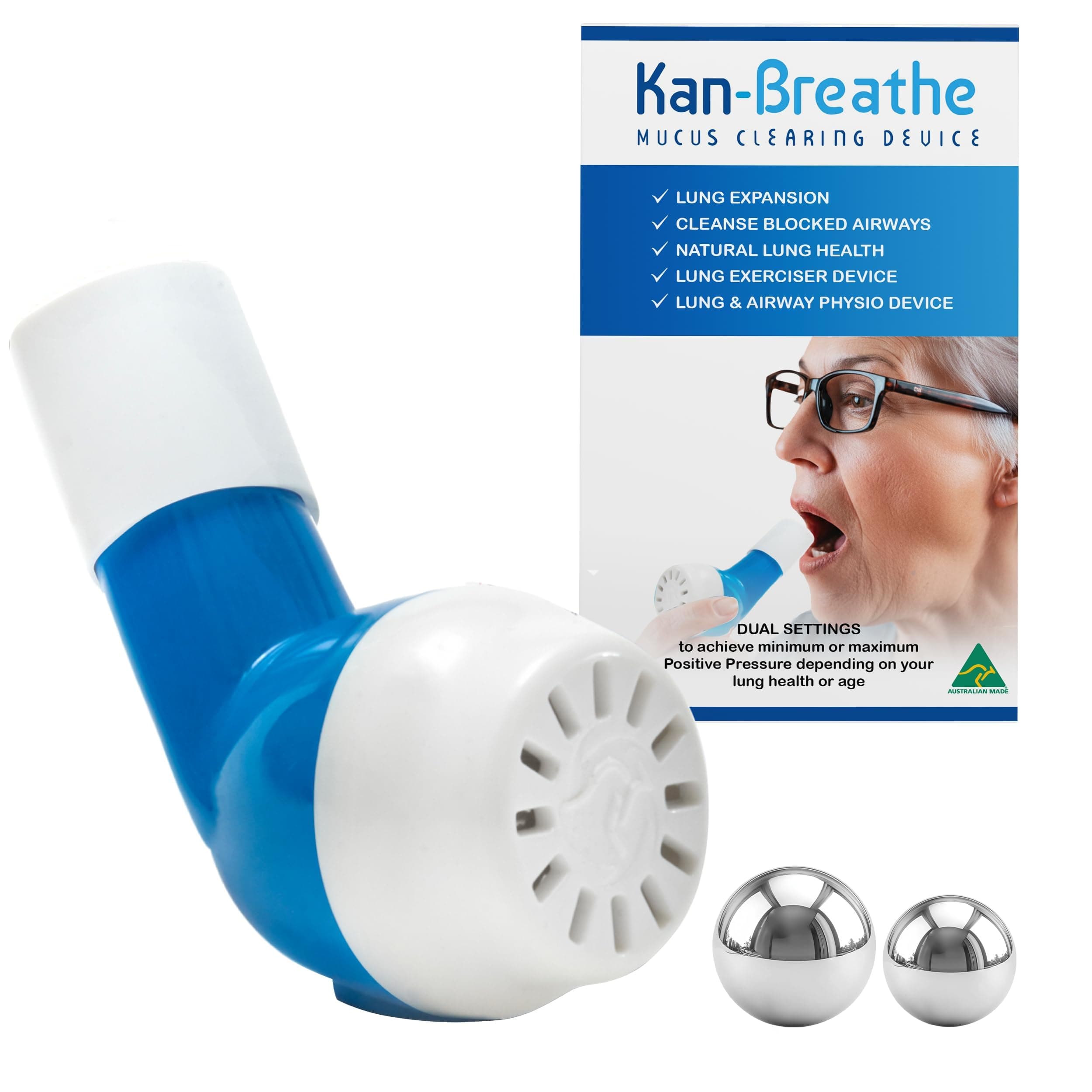 – Natural Lung Exerciser & Mucus Removal Device – OPEP Breathing Exercise Trainer for Airway Clearance & Lung Strength – Adjustable Resistance Steel Ball Bearings – Made in Australia – Blue