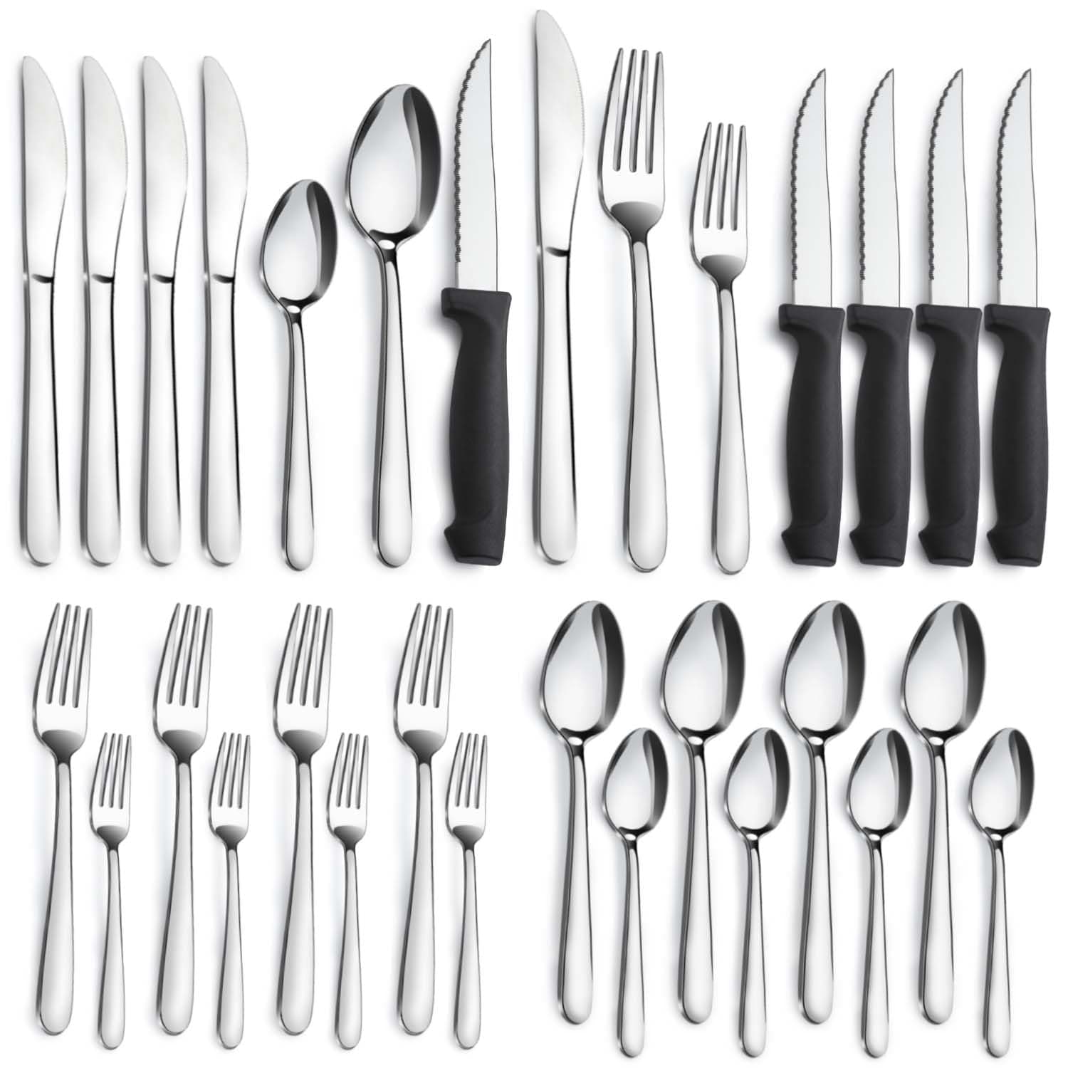 Pleafind 24-Piece Silverware Set - Stainless Steel Flatware with Steak Knives, Forks, Spoons, Knives - Dishwasher Safe for Home or Restaurant