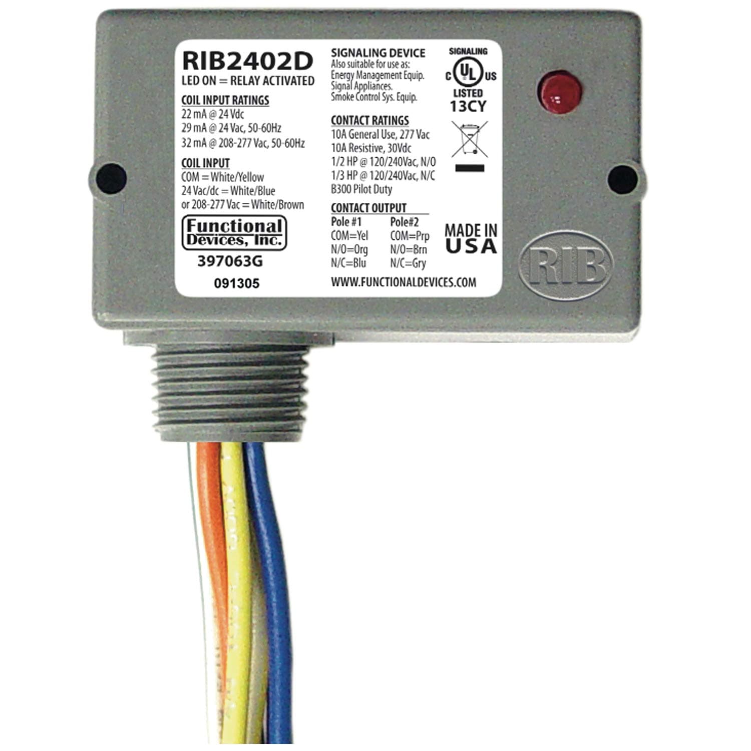 Functional Devices RIB2402D Pilot Relay, 10 Amp DPDT, 24 Vac/dc/208-277 Vac Coil, NEMA 1 Housing