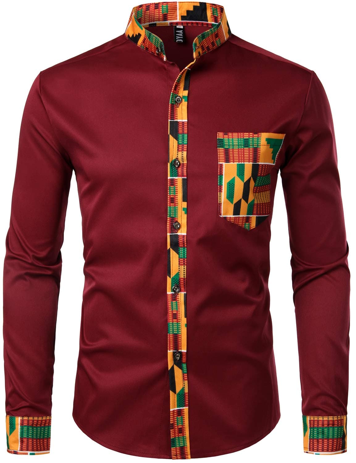 ZEROYAA Men's Hipster African Tribal Graphic Patchwork Design Slim Fit Long Sleeve Button up Mandarin Collar Shirts