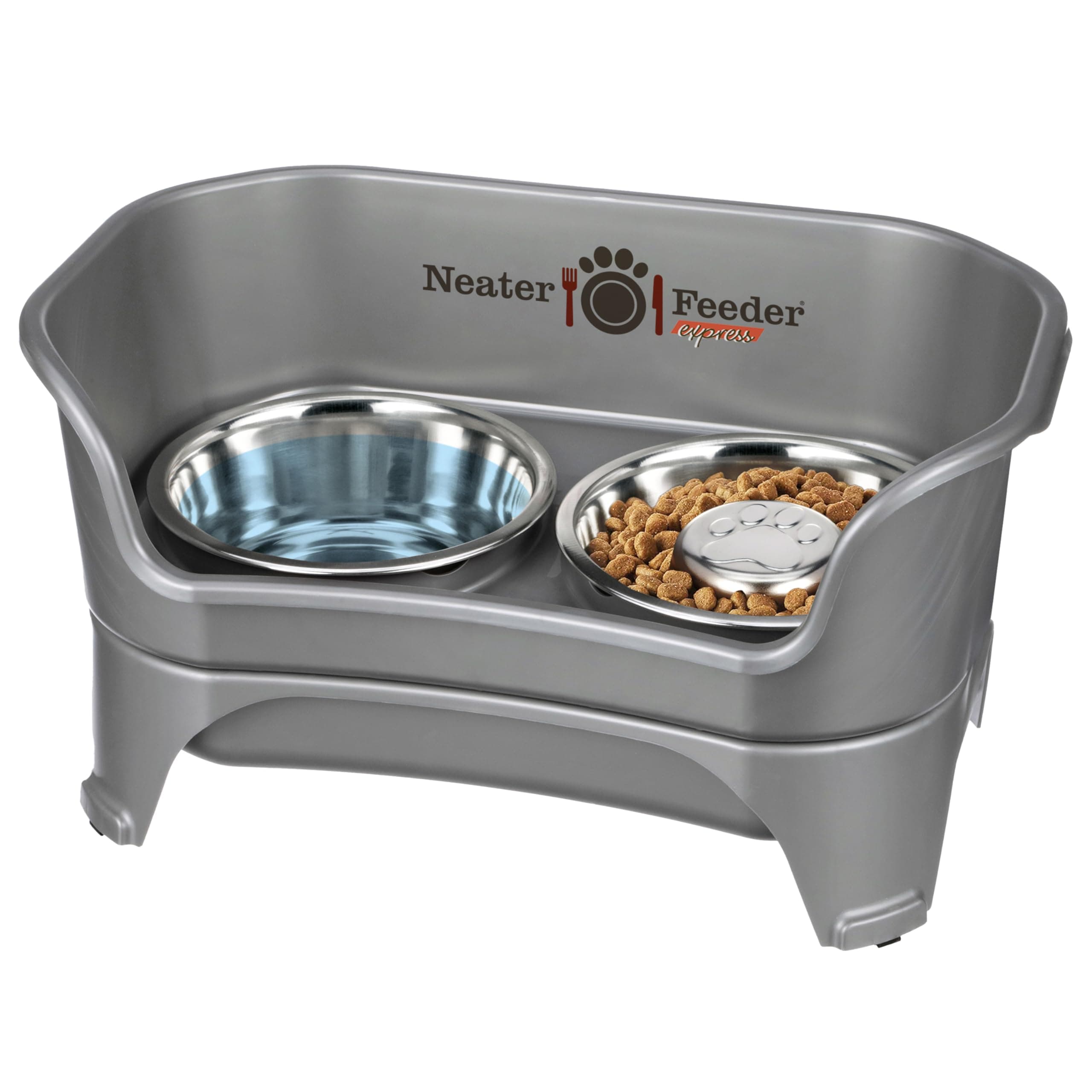 Neater Feeder - Express Model w/ Slow Feed Bowl - Mess-Proof Dog Bowls (M/L, Grey) Made in USA – Elevated, No Spill, Non-Tip, Non-Slip, Raised Stainless Steel Food/Water Pet Bowls Aid Digestion