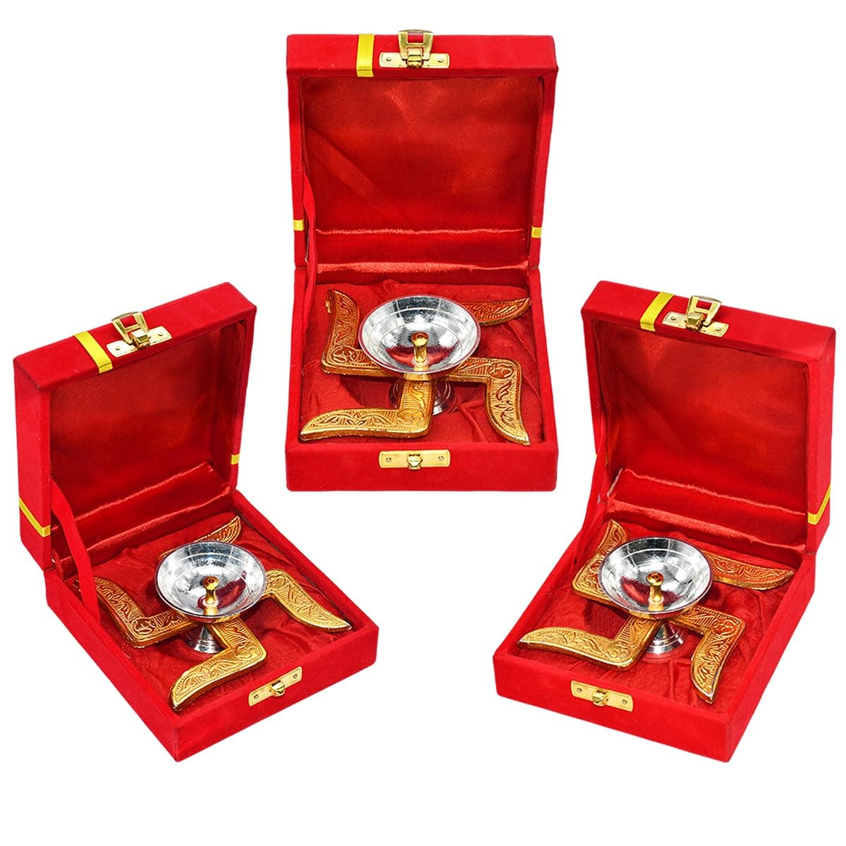Saugat Traders Diwali Bulk Corporate Gift for Clients - Pack of 3 Swastik Diya with Velvet Gift Box for Employees, Office Staff, Family, Colleagues - New Year Housewarming Spiritual Return Gifts