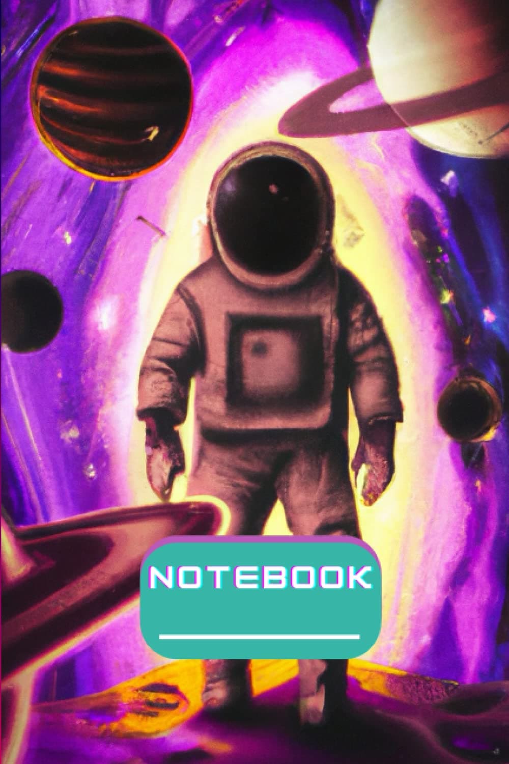 AI Generated Art, An Astronaut Taking A Psychedelic Trip Among Planets 3, Stars And Comets, 6 x 9 in, 120 lined pages